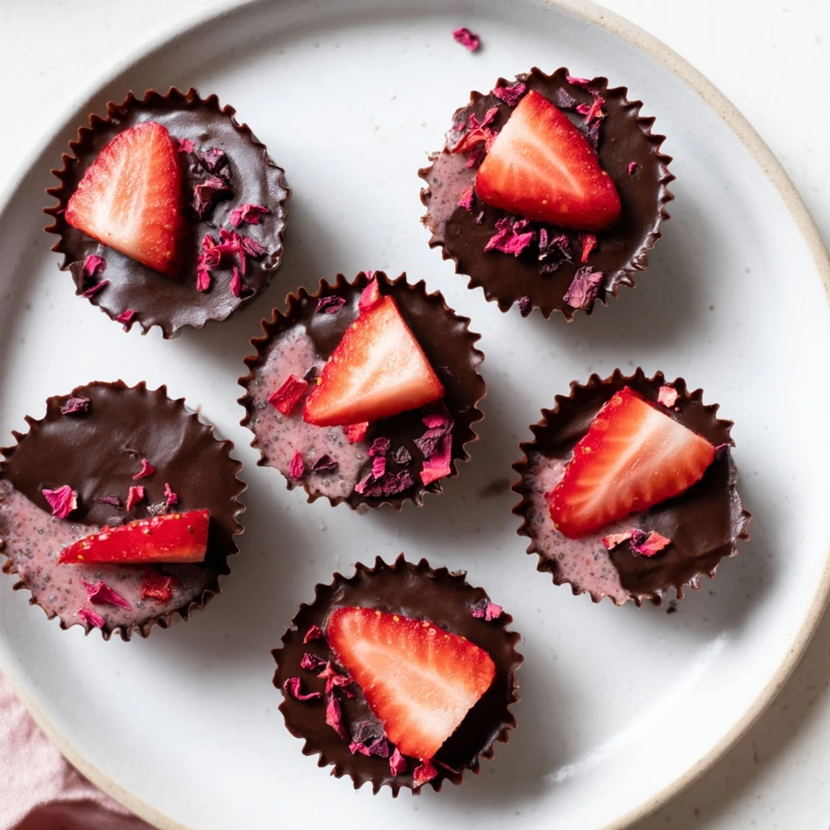 These Chocolate Covered Strawberry Chia Cups are plated with fresh berries for a healthy, gluten-free dessert snack.