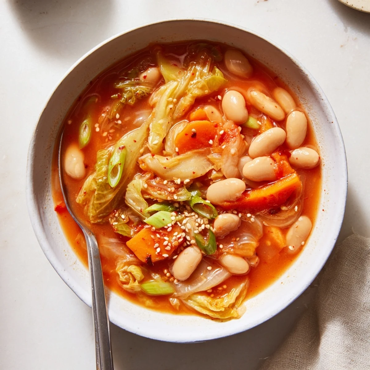 Steaming bowl of Spicy Kimchi White Bean Hearty Soup garnished with scallions and sesame seeds.