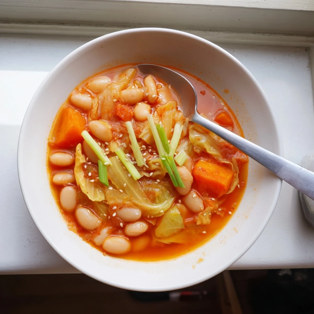 Close-up of Spicy Kimchi White Bean Hearty Soup ladled into a rustic bowl ready to serve.