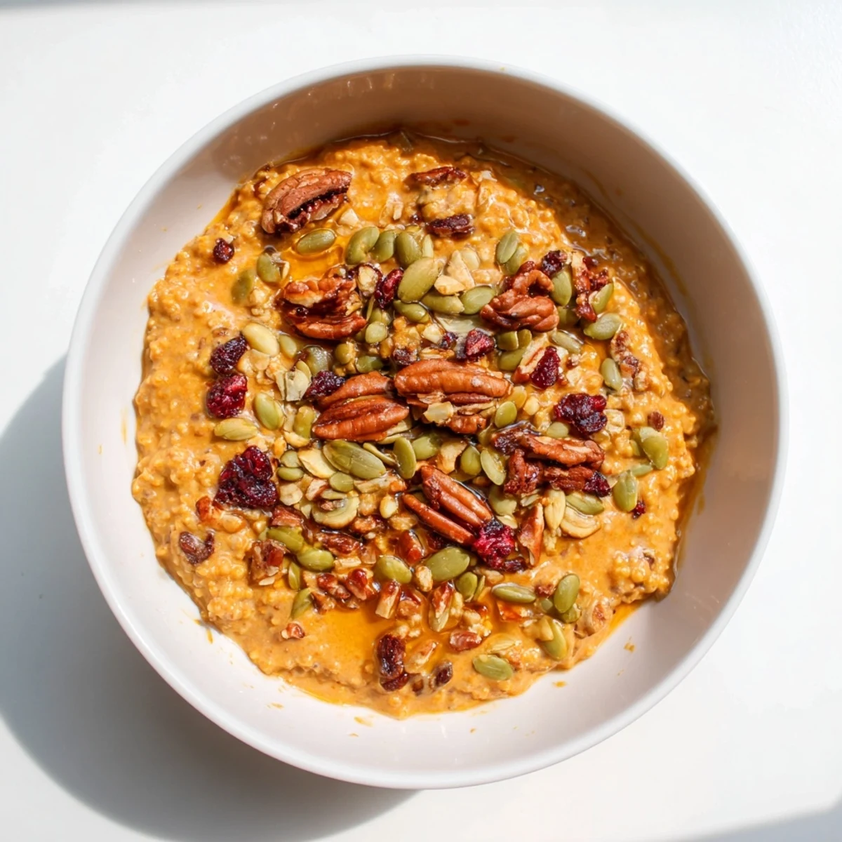 Creamy pumpkin spice millet breakfast bowl topped with chopped pecans and maple drizzle on a rustic wooden table.