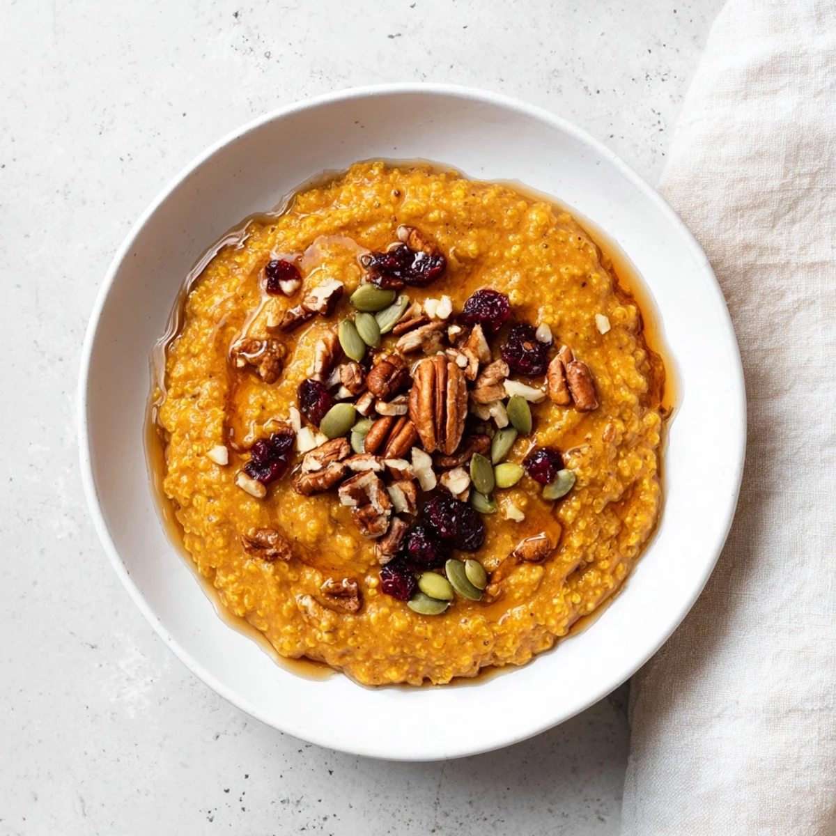 Healthy pumpkin spice millet breakfast bowl served warm with dried cranberries, perfect for a gluten-free fall morning.
