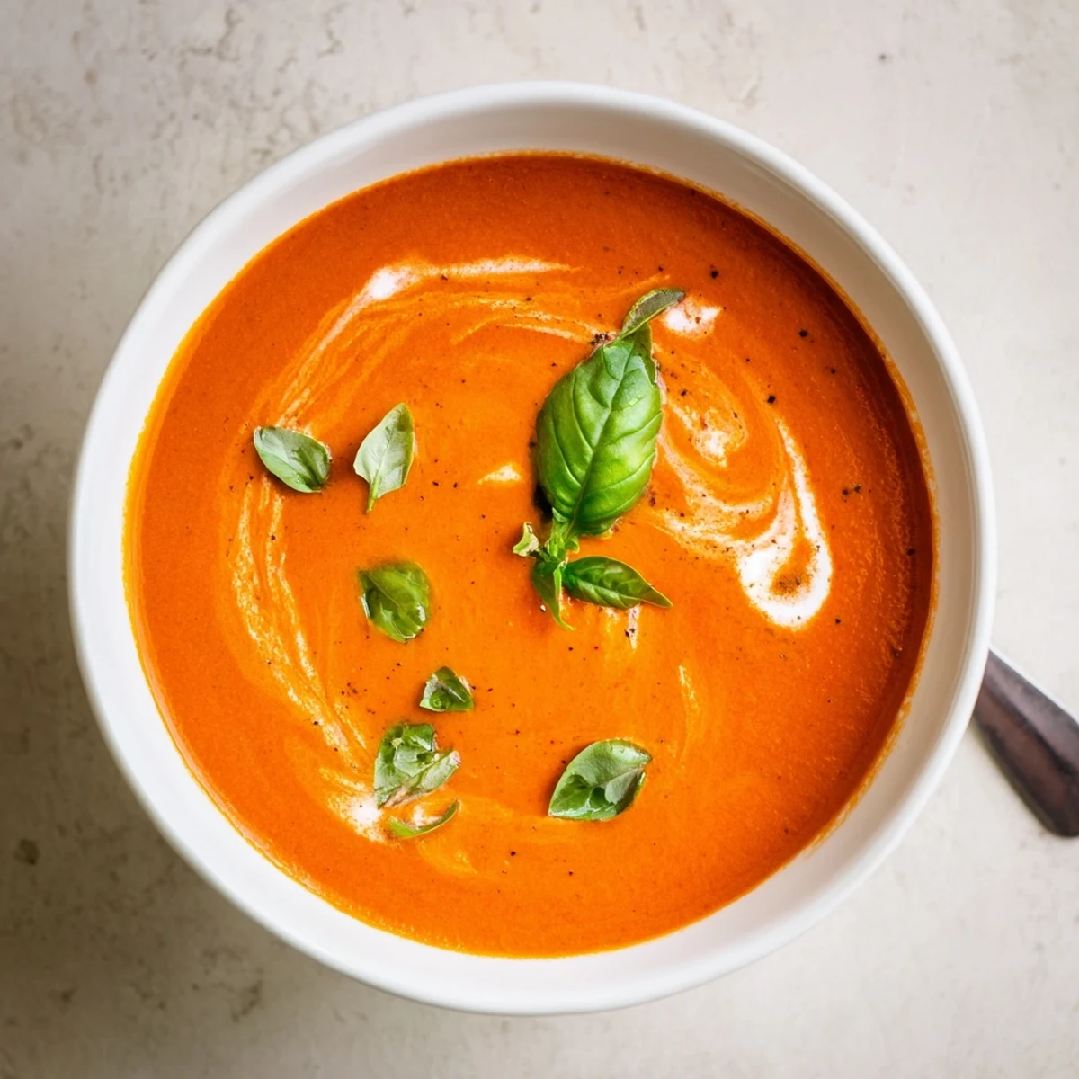 Creamy Roasted Tomato Basil Hearty Soup in a rustic bowl, garnished with fresh basil and a swirl of cream.