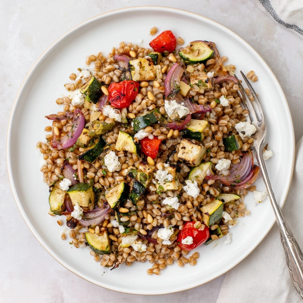 A close-up of Herbed Barley and Roasted Vegetable Grain Salad with feta, pine nuts, and zesty herb dressing.