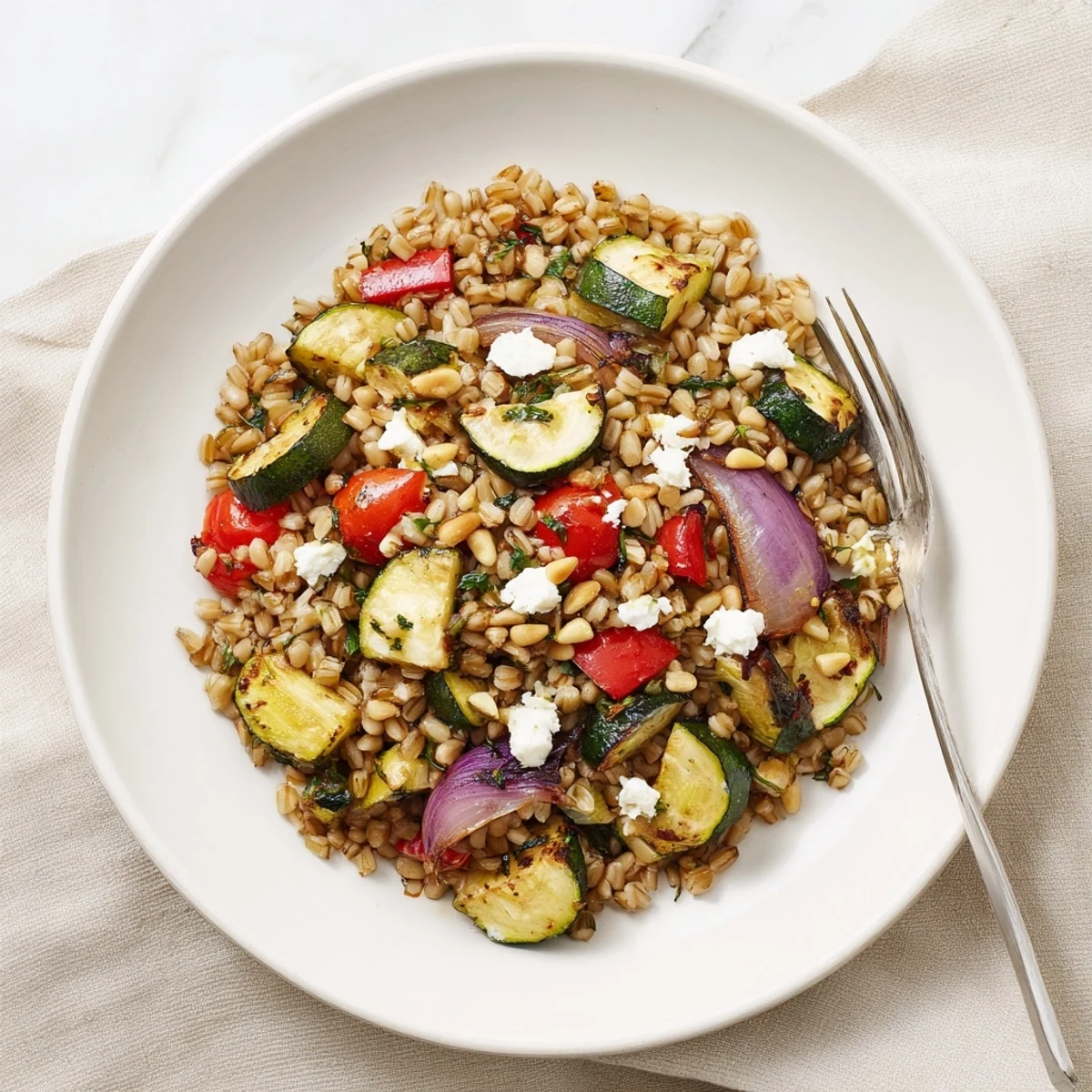Bright serving of Herbed Barley and Roasted Vegetable Grain Salad topped with crumbled feta and toasted pine nuts.