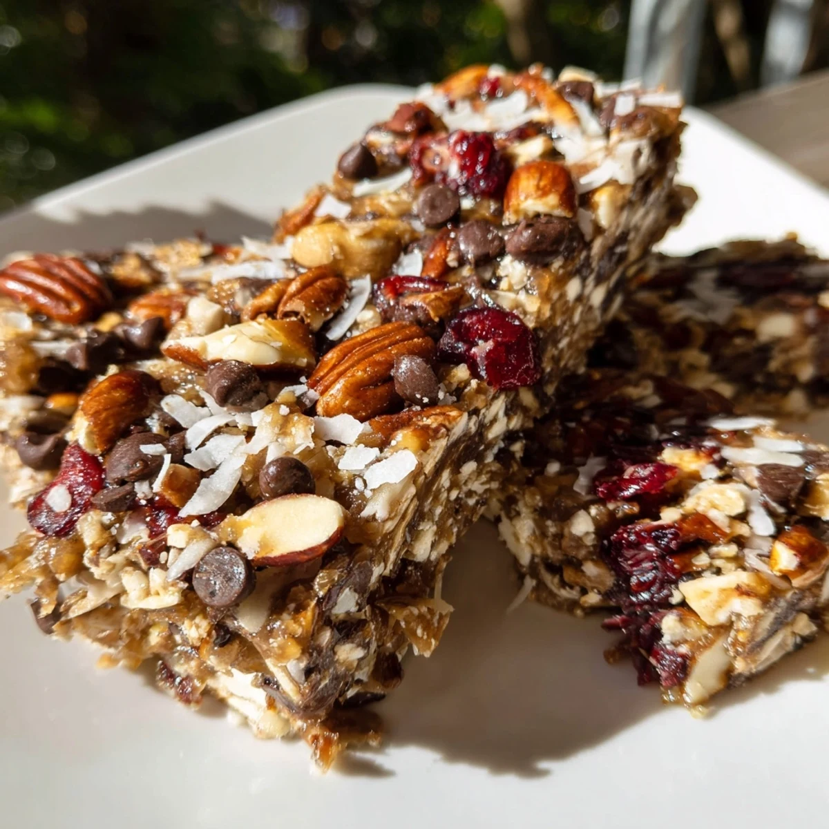 Golden-brown Maple Pecan Energy Sweet Treat Bars packed with toasted nuts and dried fruit on a rustic wood table.