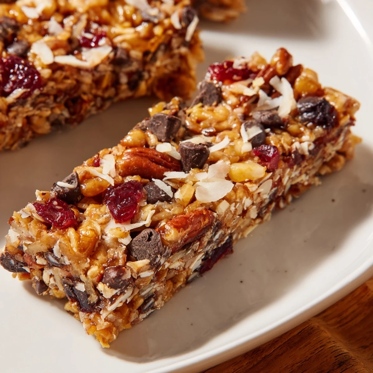 A close-up view shows chewy Maple Pecan Energy Sweet Treat Bars drizzled with maple syrup beside a steaming cup of coffee.