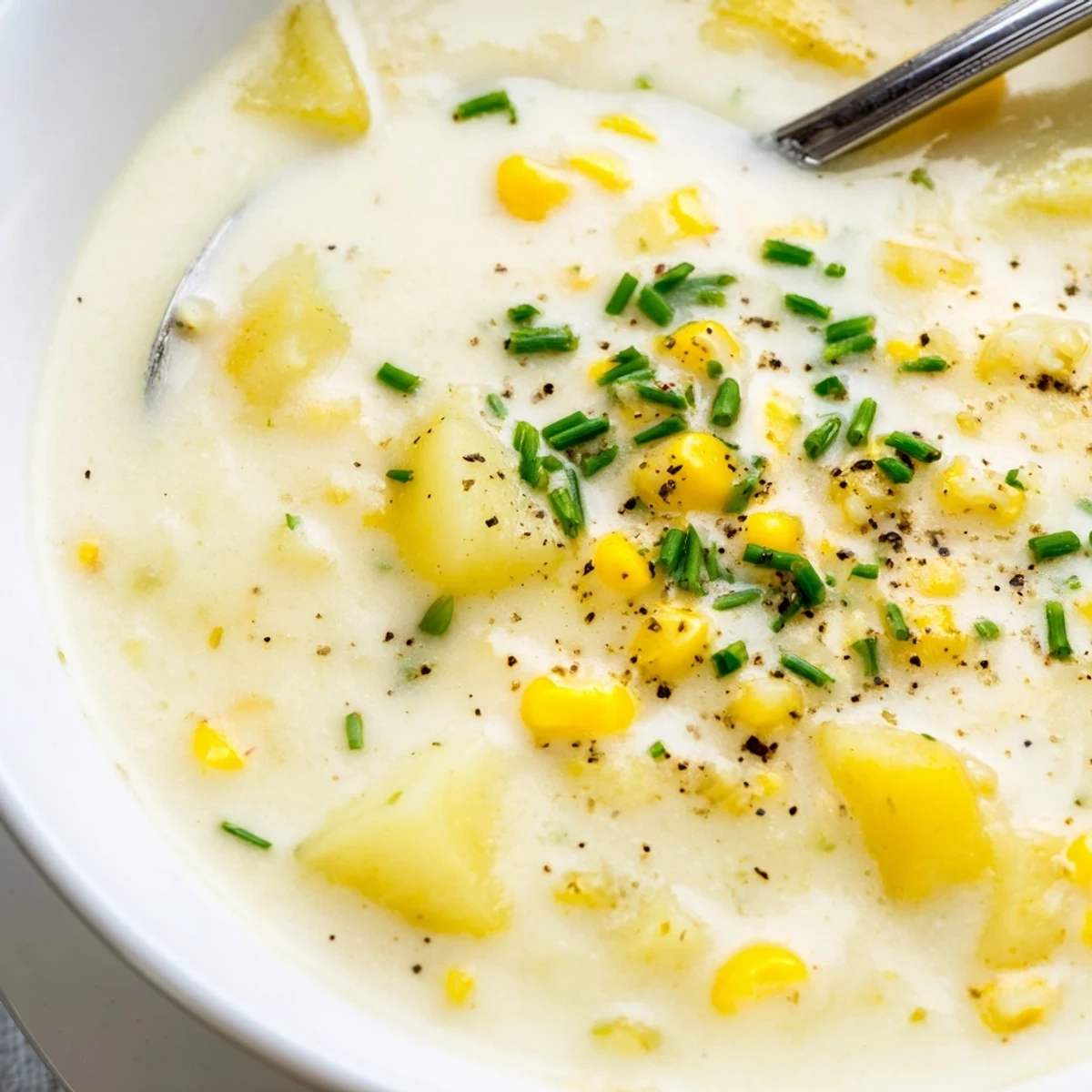 A bowl of Creamy Sweet Corn and Potato Hearty Soup with tender potatoes and sweet corn kernels.