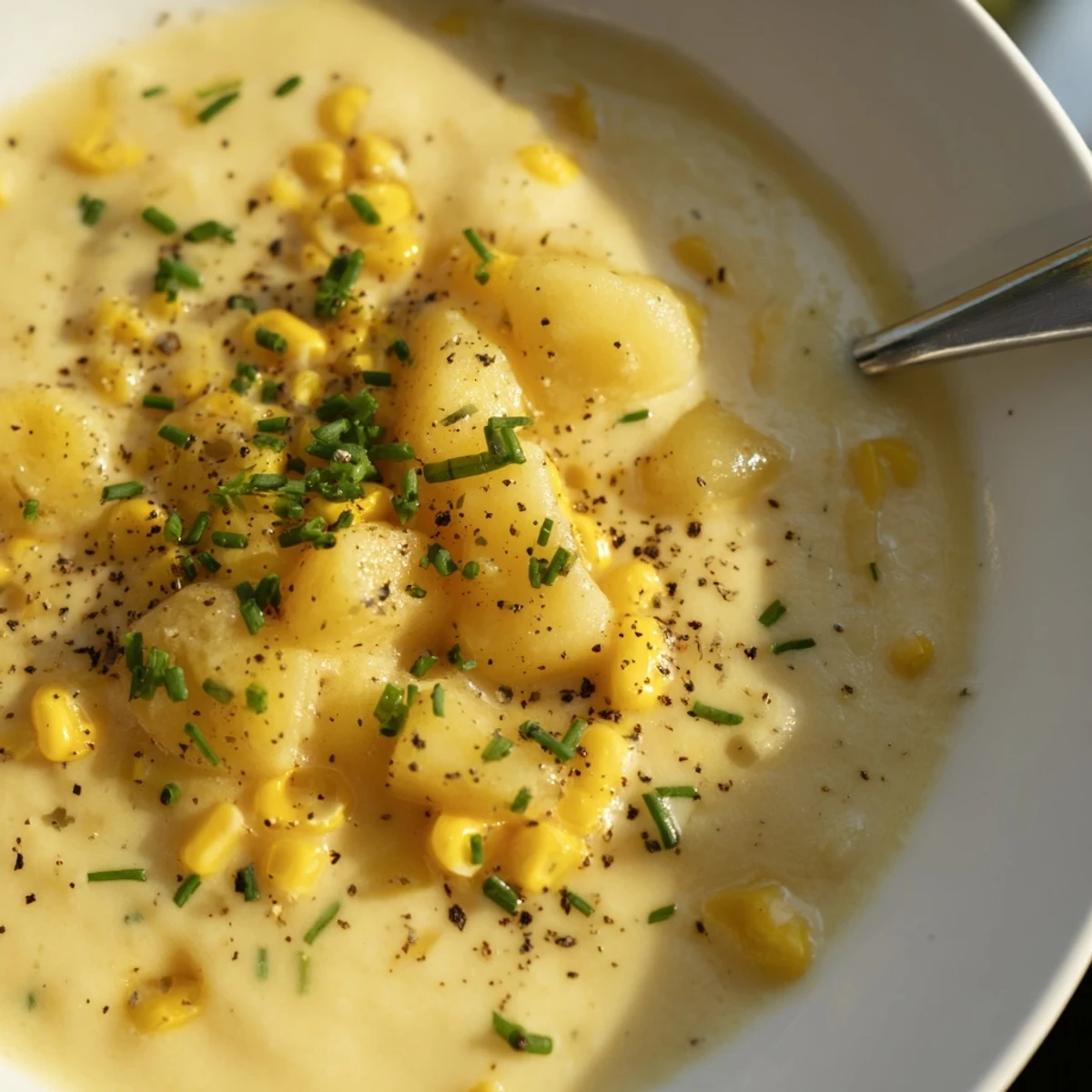Creamy Sweet Corn and Potato Hearty Soup ladled into a rustic bowl, garnished with fresh chives and cracked pepper.