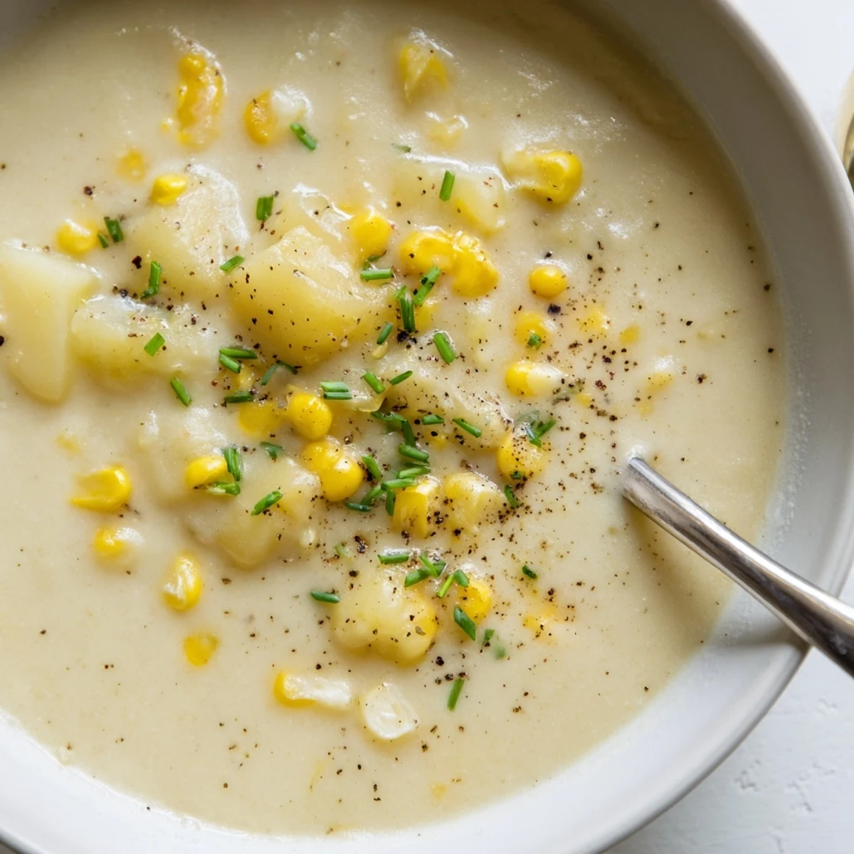 Steaming Creamy Sweet Corn and Potato Hearty Soup served in a white ceramic bowl beside crusty bread.