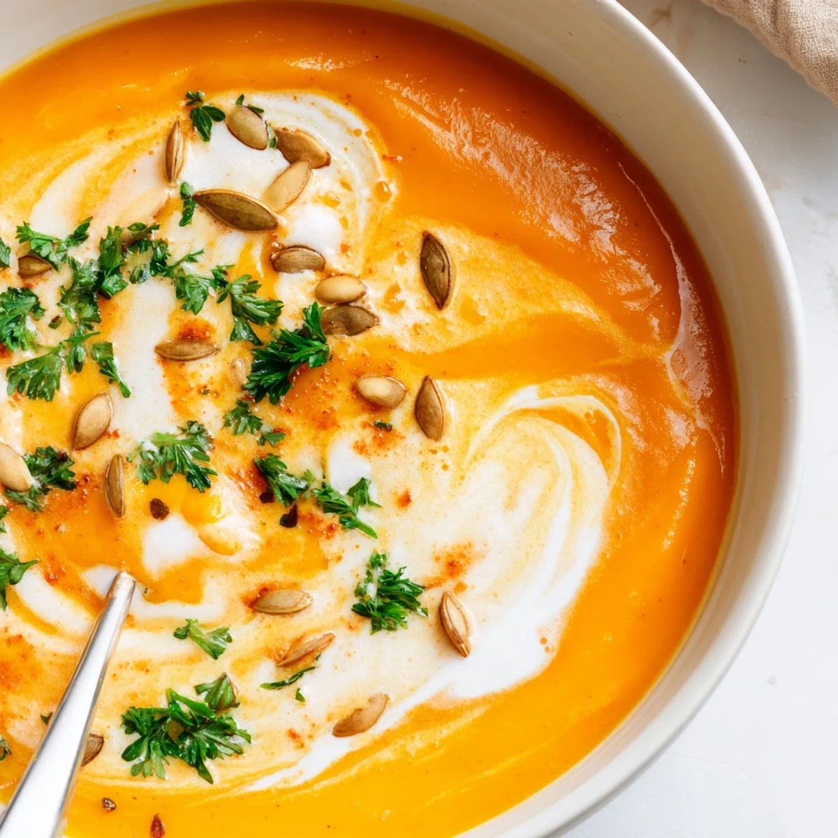 A warm bowl of Roasted Butternut Squash Hearty Soup garnished with pumpkin seeds and parsley.