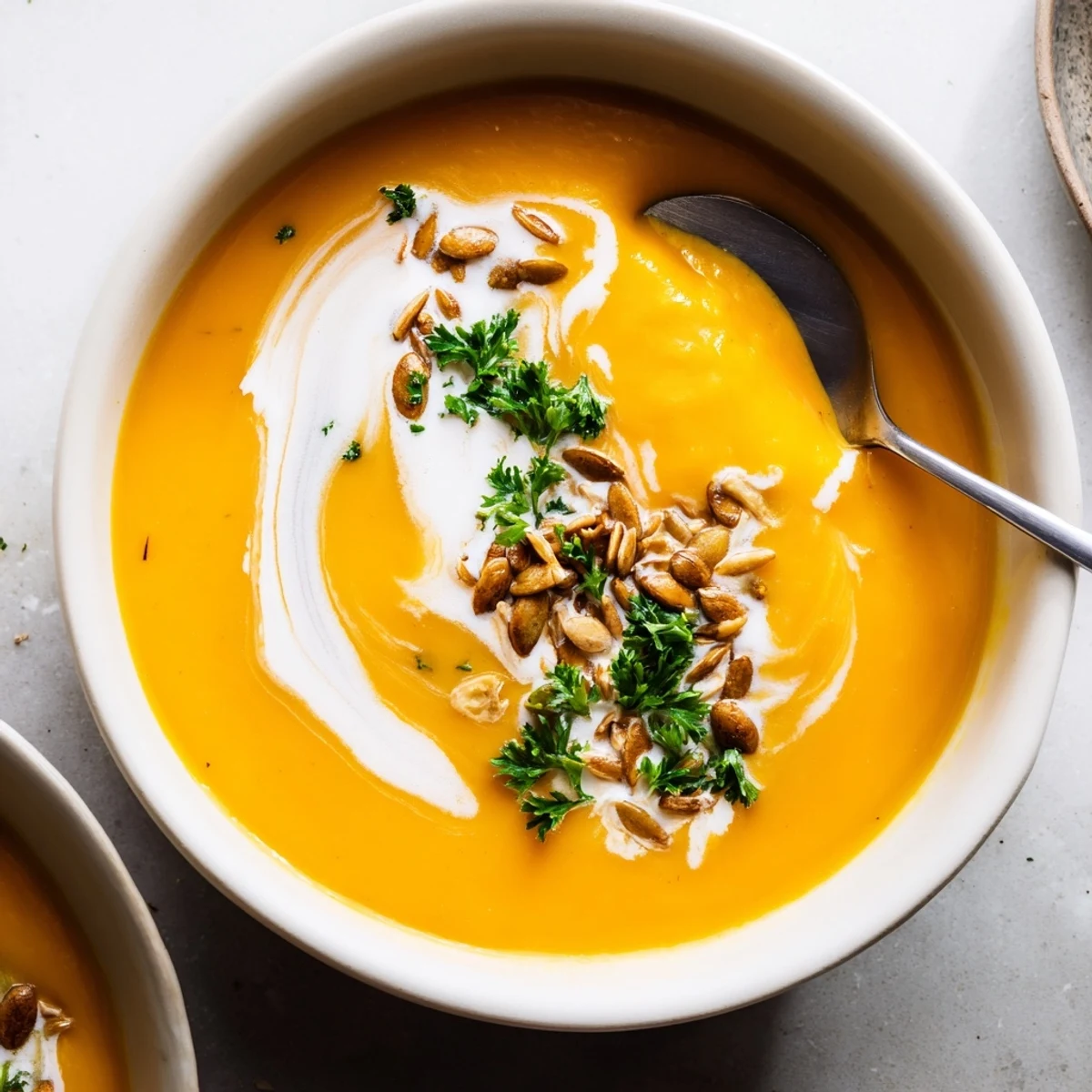 Roasted Butternut Squash Hearty Soup in a rustic bowl with a swirl of creamy coconut milk.