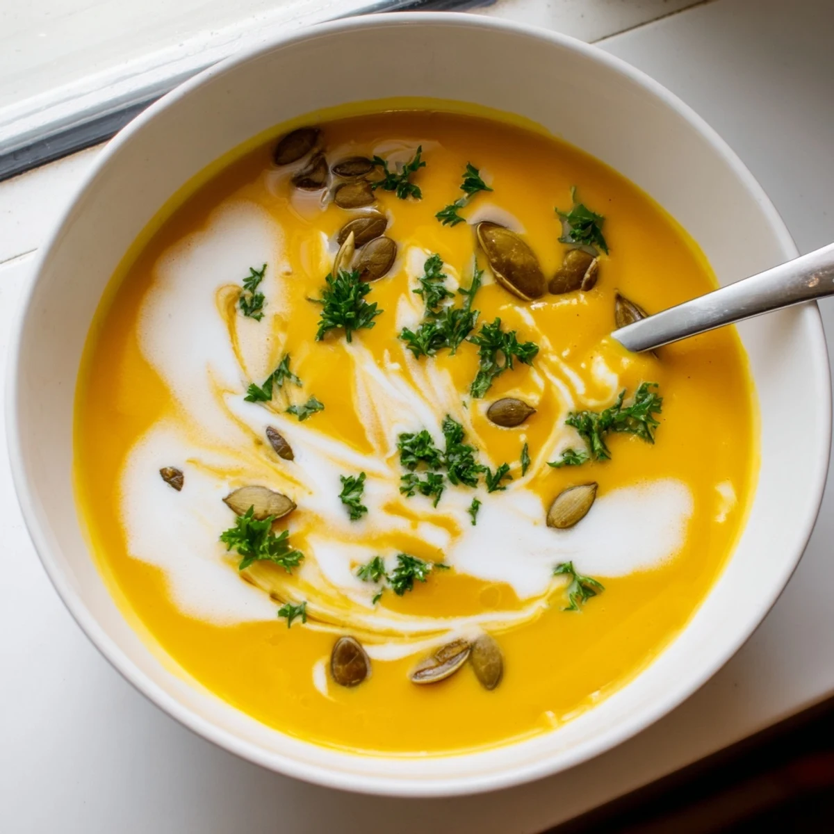Creamy Roasted Butternut Squash Hearty Soup served with crusty bread on a wooden table.