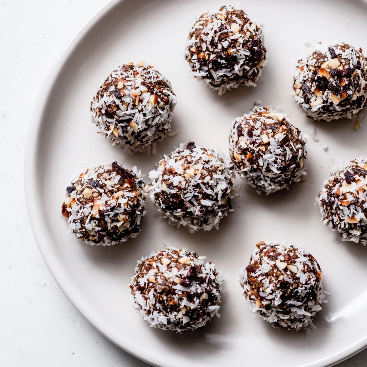 Close-up of Chocolate Coconut Macadamia Sweet Treat Bites showing rich dark chocolate texture and chopped nuts, ideal for sweet cravings.
