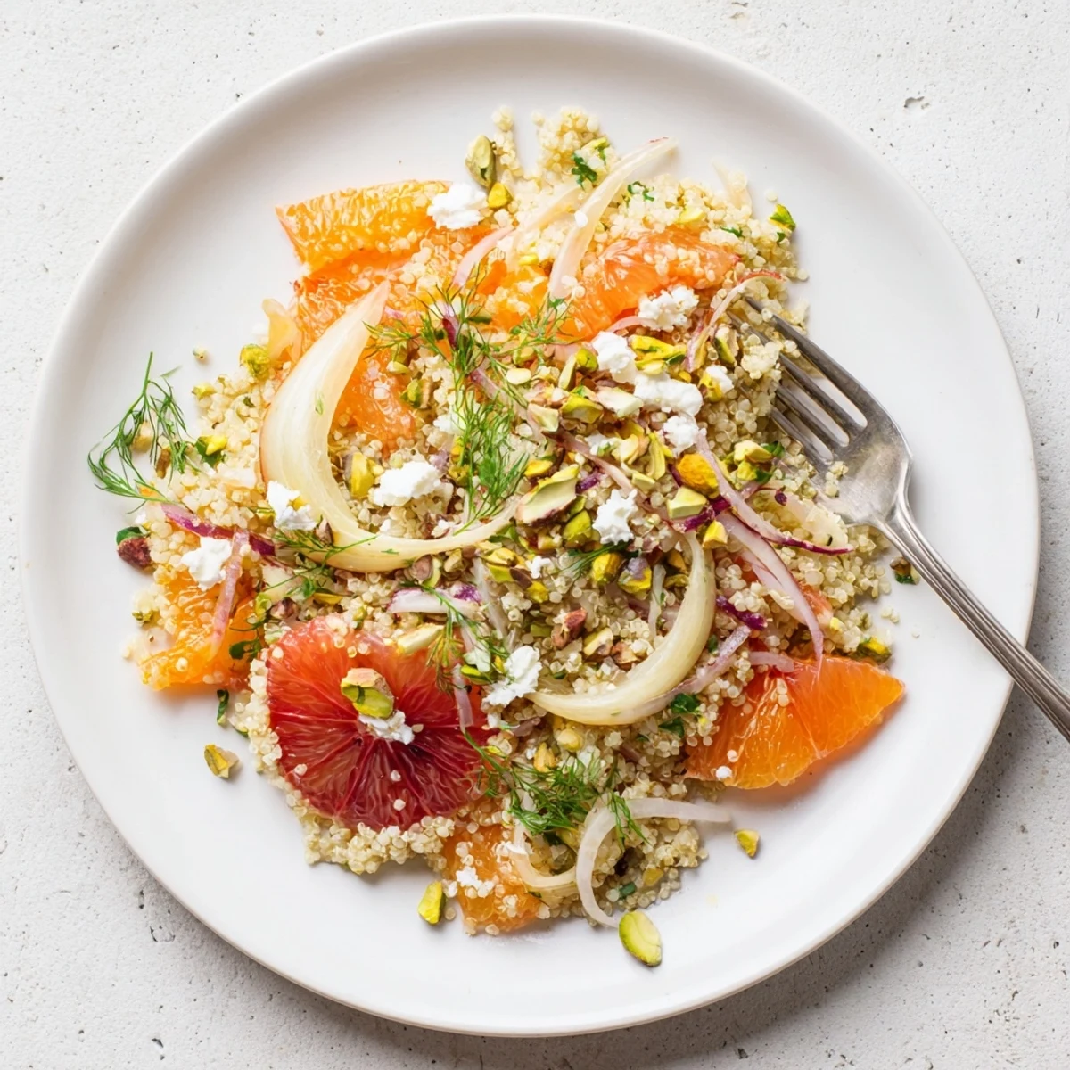 Vibrant Citrus Fennel Quinoa Grain Salad topped with parsley and pistachios on a rustic table.  
