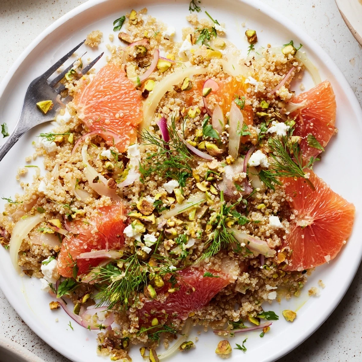 Bright bowl of Citrus Fennel Quinoa Grain Salad with quinoa, sliced fennel, and juicy citrus segments.  
