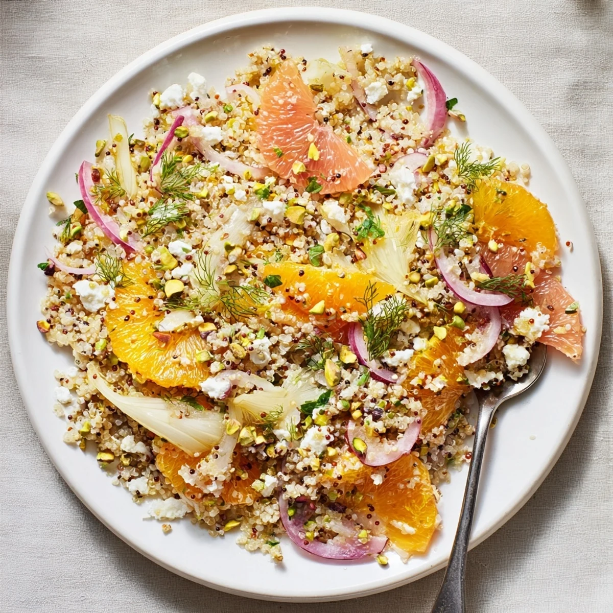 Fresh Citrus Fennel Quinoa Grain Salad with orange and grapefruit slices, drizzled with vinaigrette.