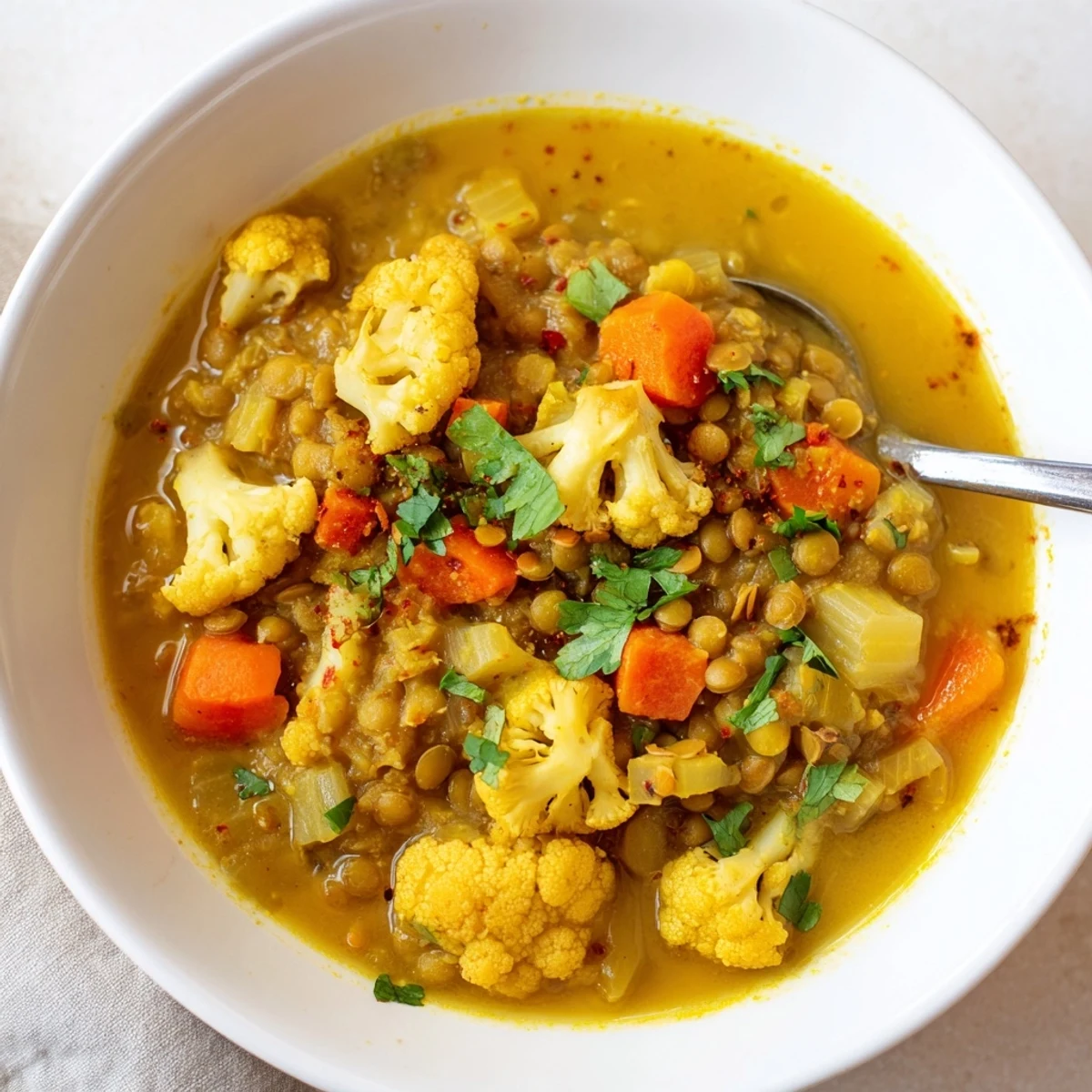 Vibrant bowl of Curried Cauliflower and Lentil Hearty Soup garnished with cilantro and lemon wedges, steaming gently.