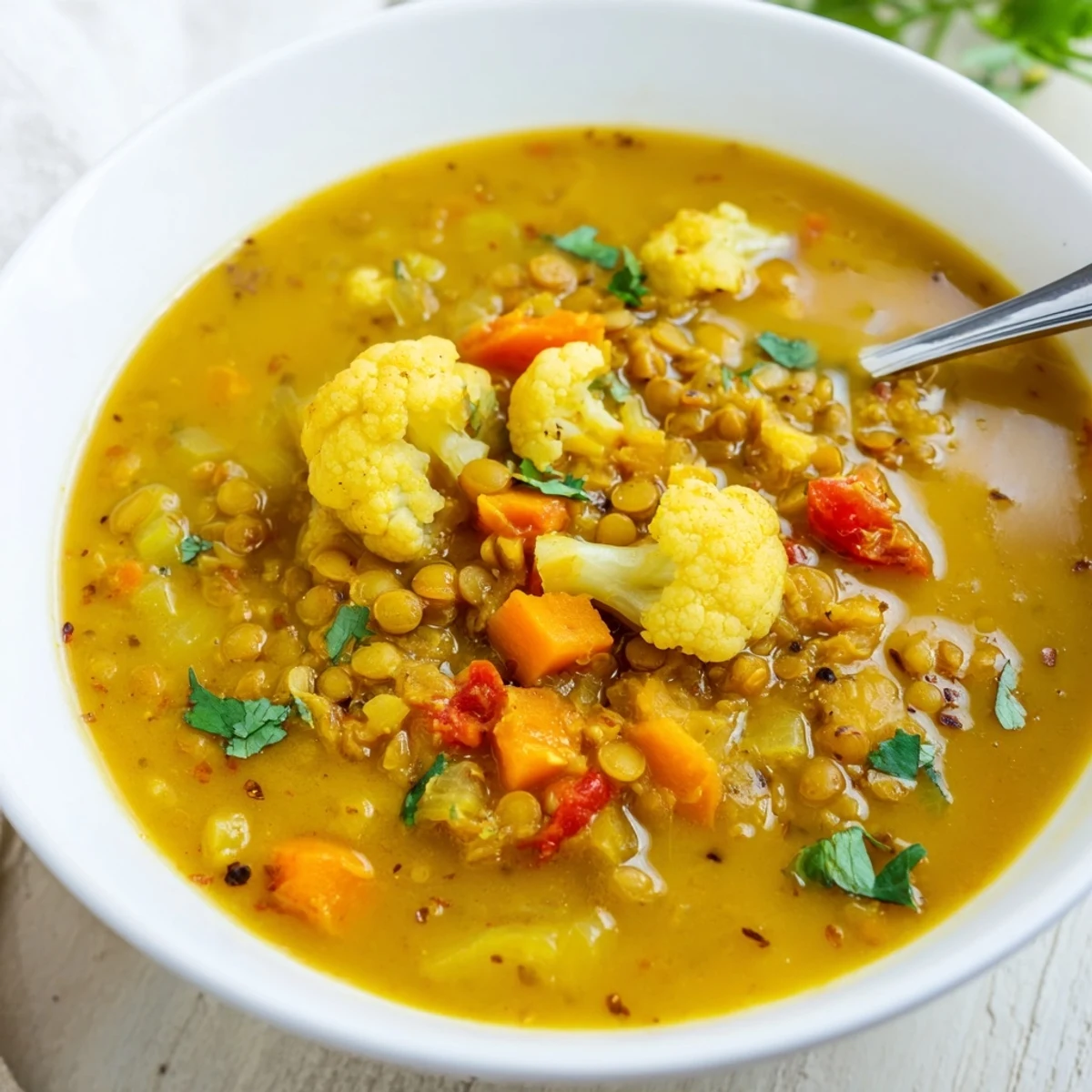 Hearty Curried Cauliflower and Lentil Hearty Soup served with crusty bread, featuring golden cauliflower florets and tender lentils.