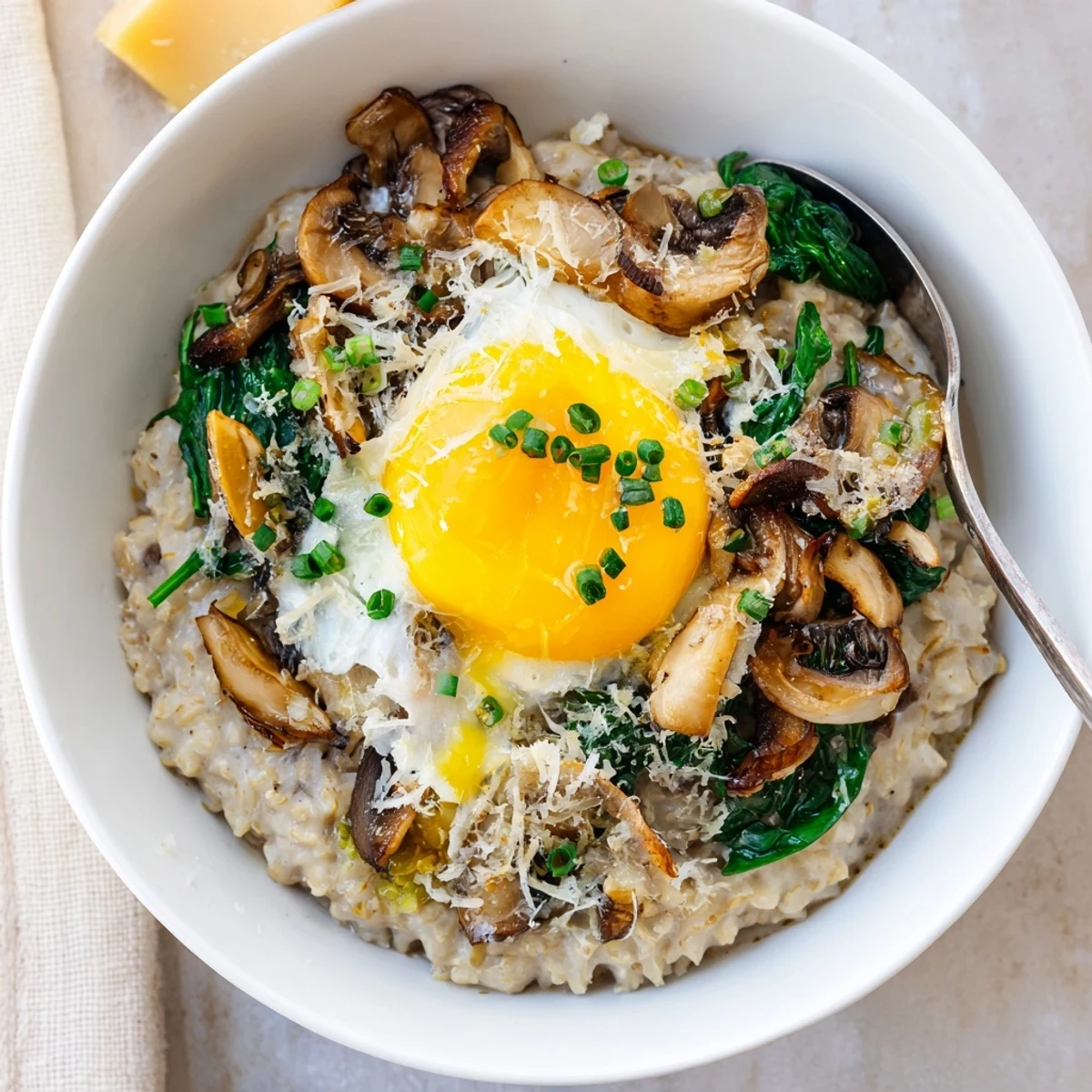 Creamy oats topped with sautéed mushrooms and wilted spinach in a Savory Spinach and Mushroom Oat Breakfast Bowl, served hot.