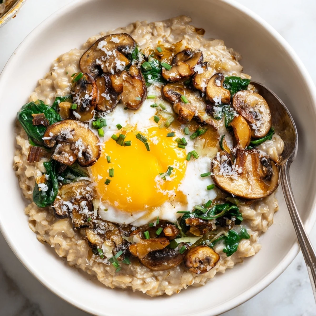 A hearty Savory Spinach and Mushroom Oat Breakfast Bowl featuring tender vegetables, creamy oats, and a poached egg with chives.