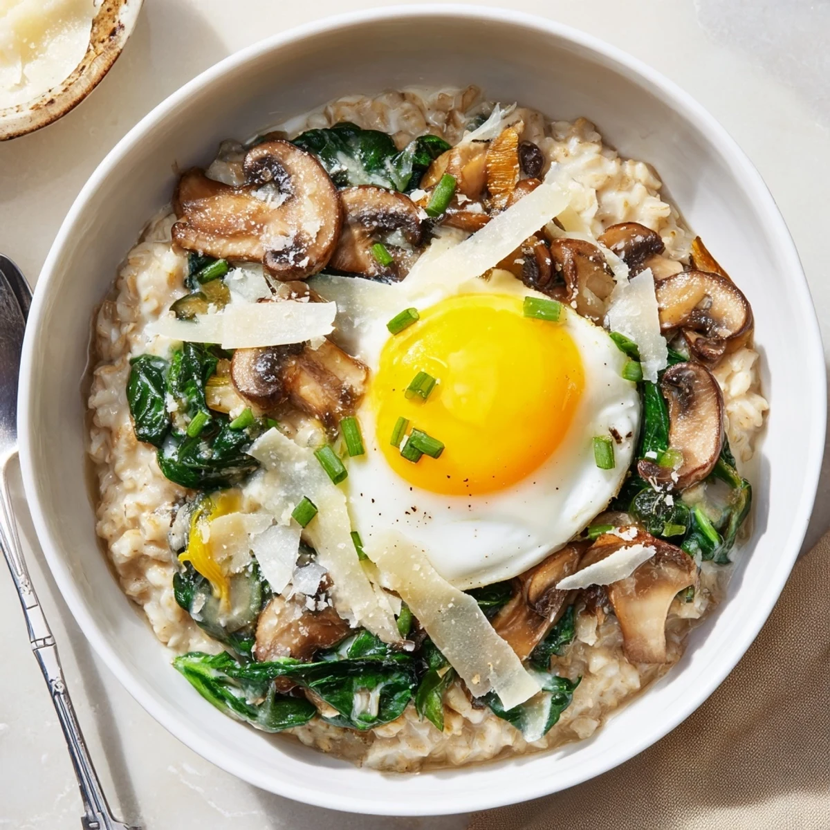 Savory Spinach and Mushroom Oat Breakfast Bowl with vibrant greens, earthy mushrooms, and a sprinkle of Parmesan cheese on a spoon.