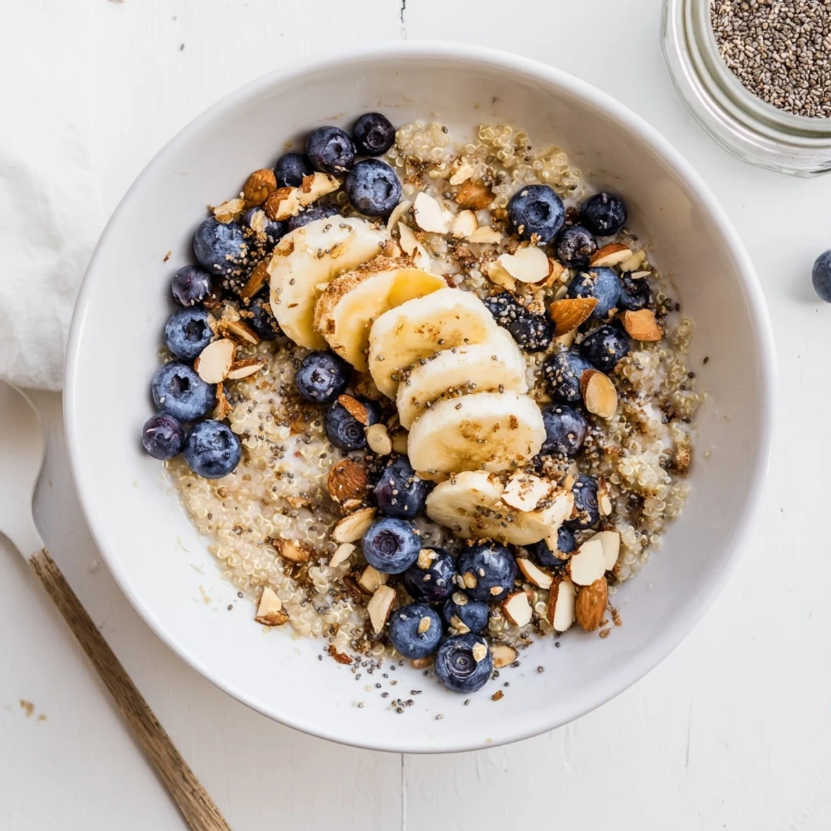 Overnight quinoa pudding with juicy blueberries and warm cinnamon spice, garnished with chia seeds and a maple drizzle for a Blueberry Cinnamon Overnight Quinoa Breakfast Bowl.