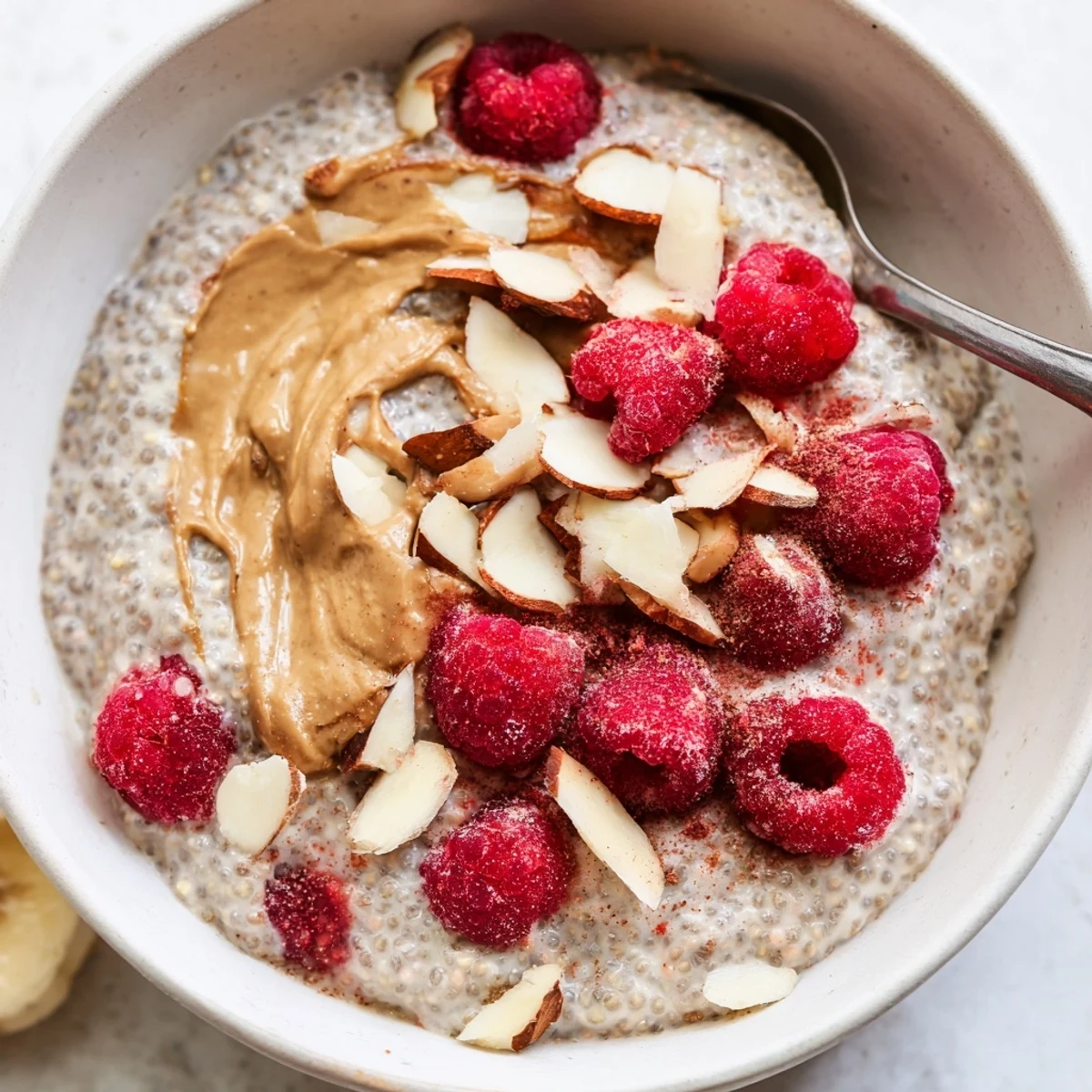 Creamy chia pudding topped with fresh raspberries and almond butter in a Raspberry Almond Butter Chia Breakfast Bowl.  