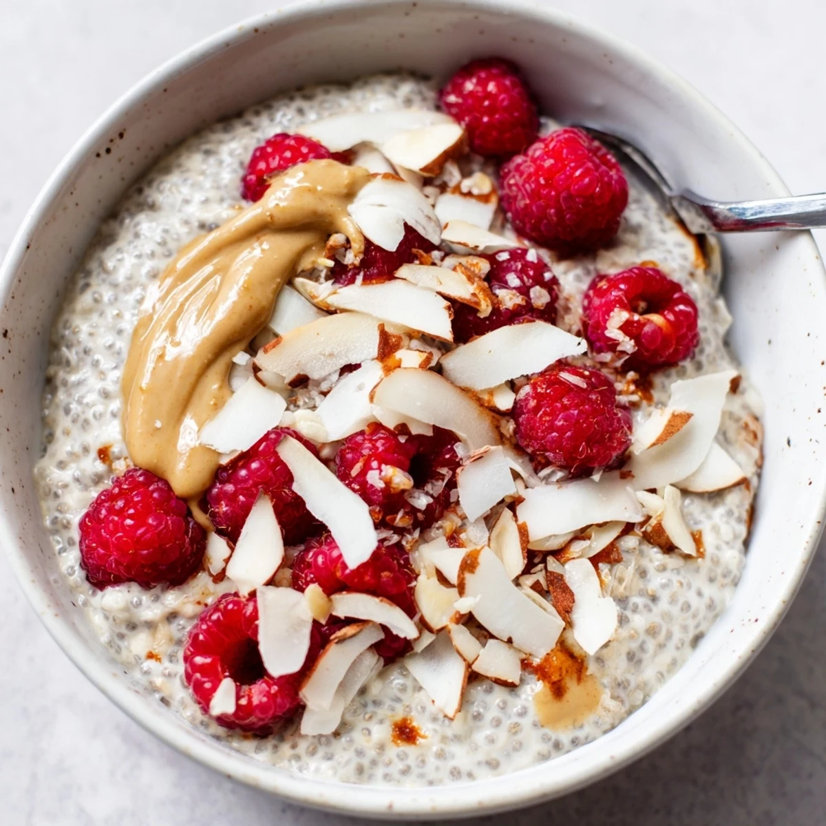 Rustic kitchen scene featuring a nutritious Raspberry Almond Butter Chia Breakfast Bowl garnished with coconut flakes and banana slices.
