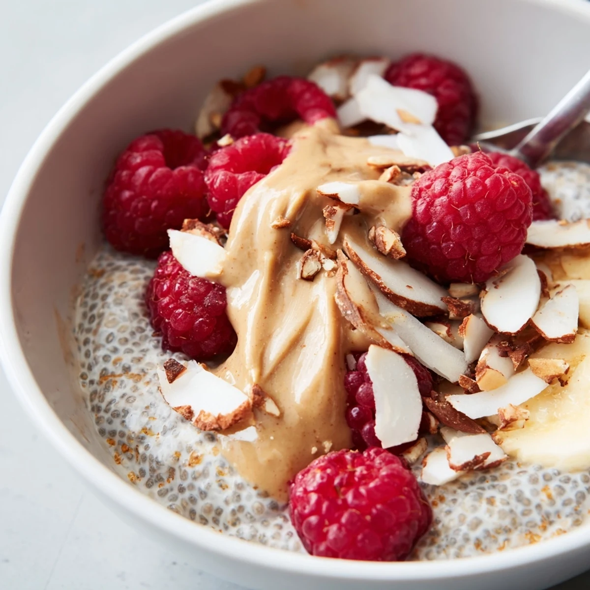 A wholesome Raspberry Almond Butter Chia Breakfast Bowl with sliced almonds and honey drizzle on a wooden table.  