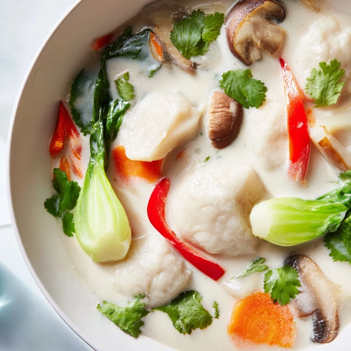 Hearty Thai coconut dumpling soup garnished with fresh cilantro and lime wedges