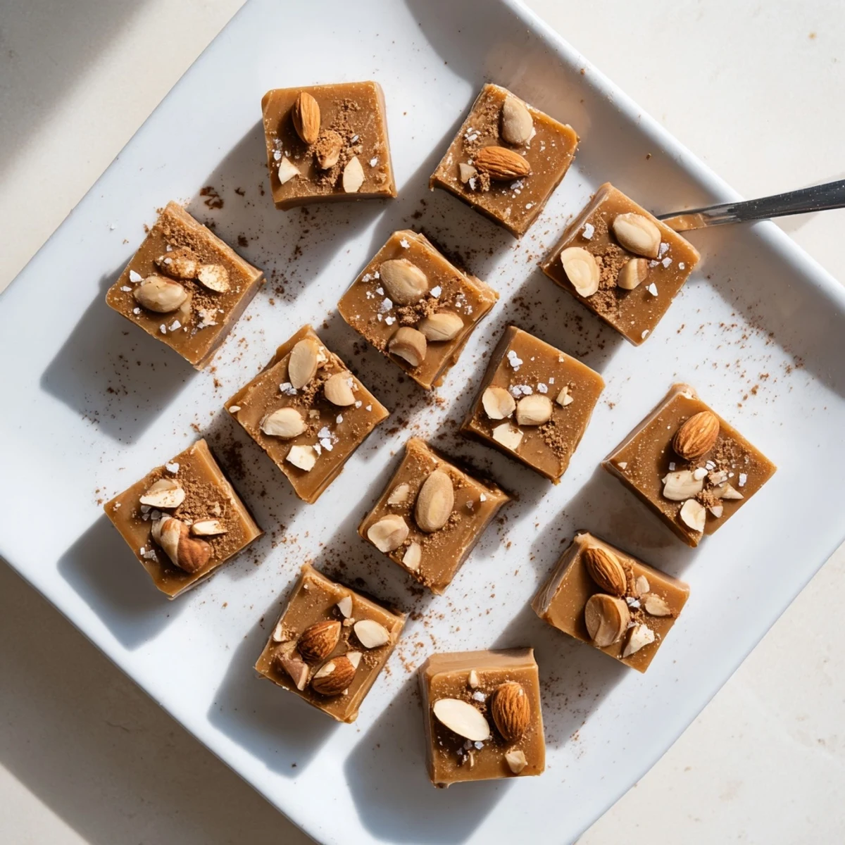 Homemade espresso almond butter freezer fudge pieces dusted with espresso powder and sea salt