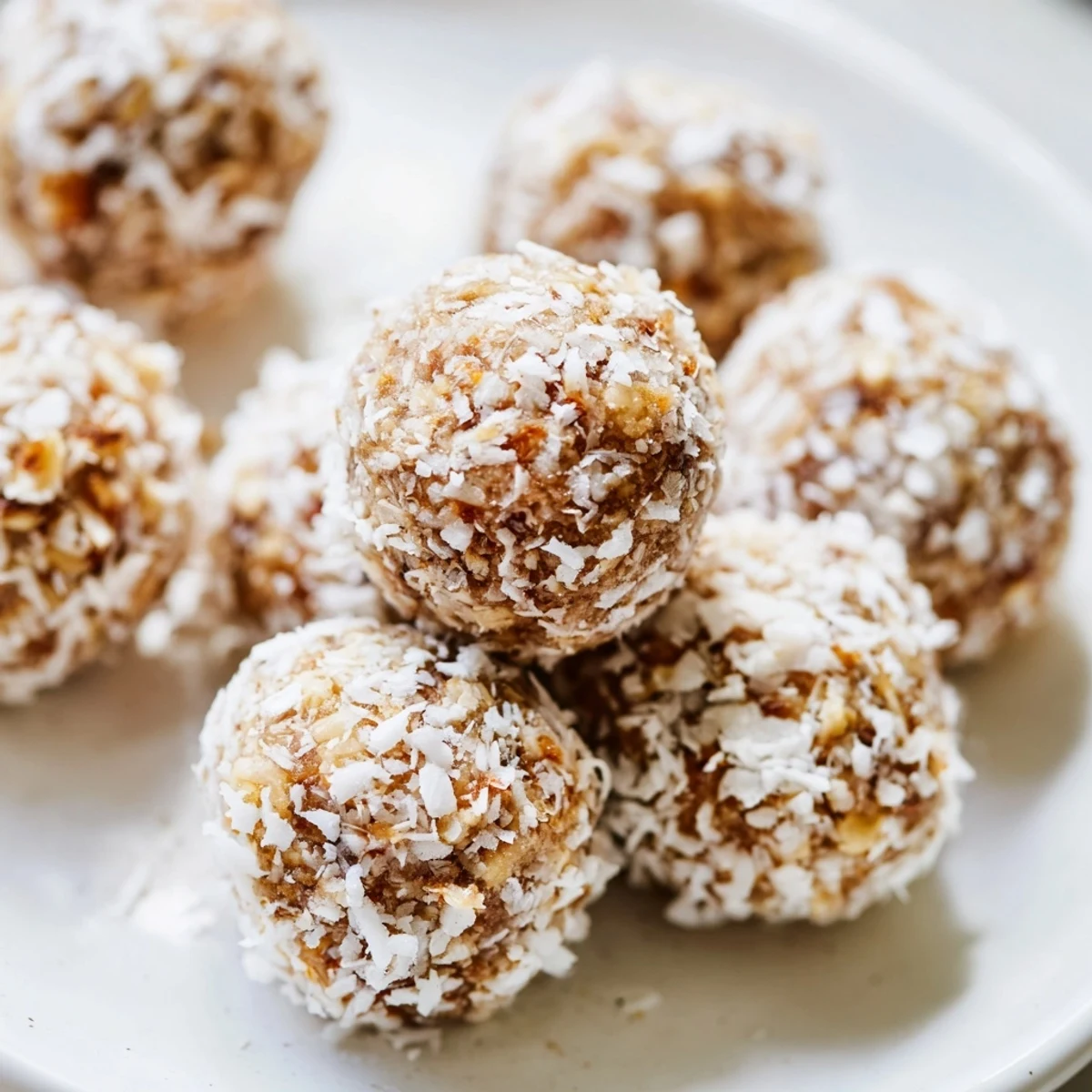Golden lemon coconut bliss balls rolled in shredded coconut on a white plate