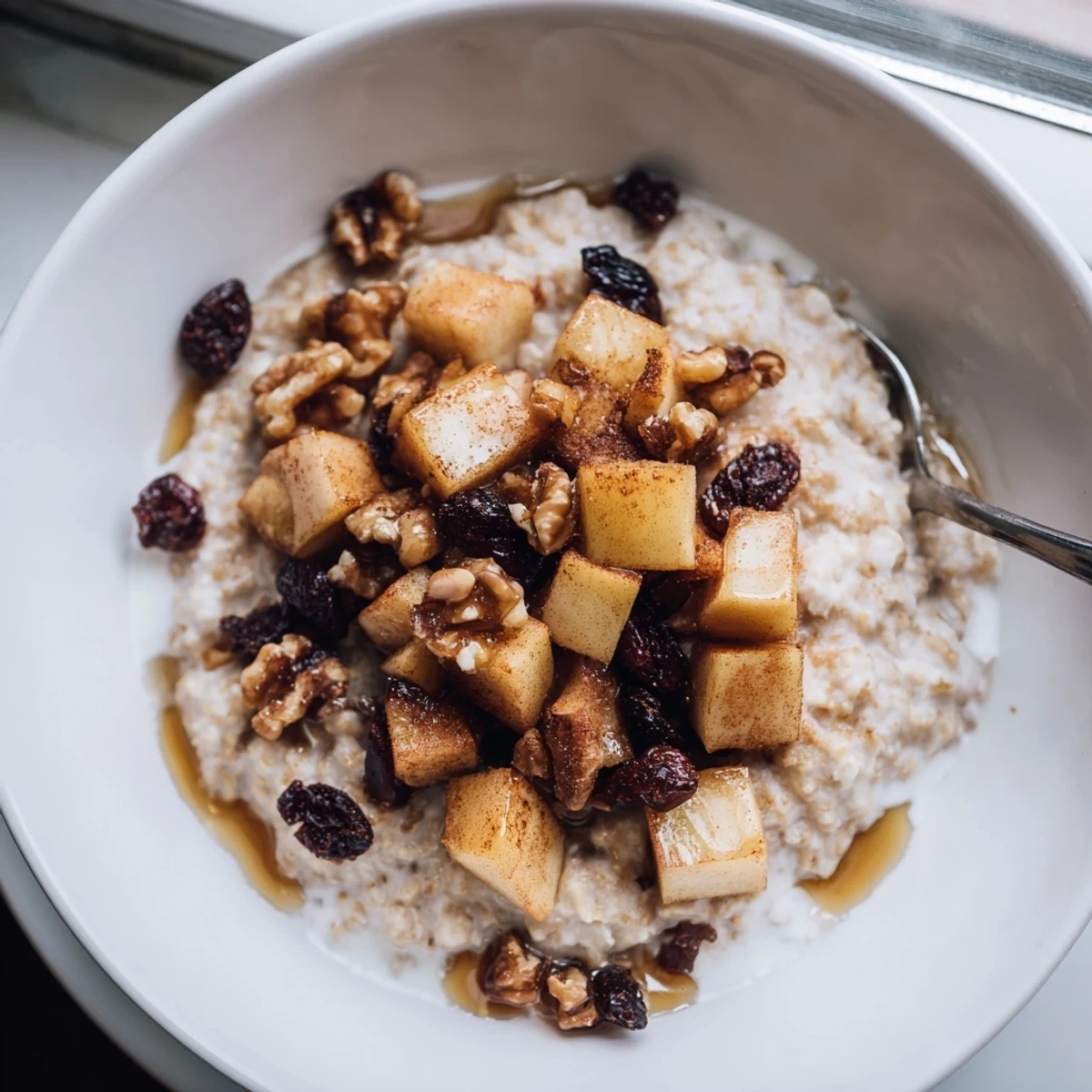 Creamy apple pie steel cut oat breakfast bowl topped with warm spiced caramelized apples and crunchy walnuts