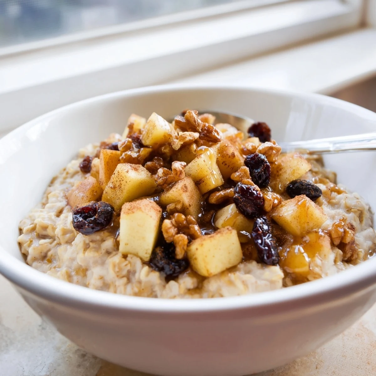 Warm apple pie steel cut oat breakfast bowl drizzled with maple syrup and sprinkled with pecans