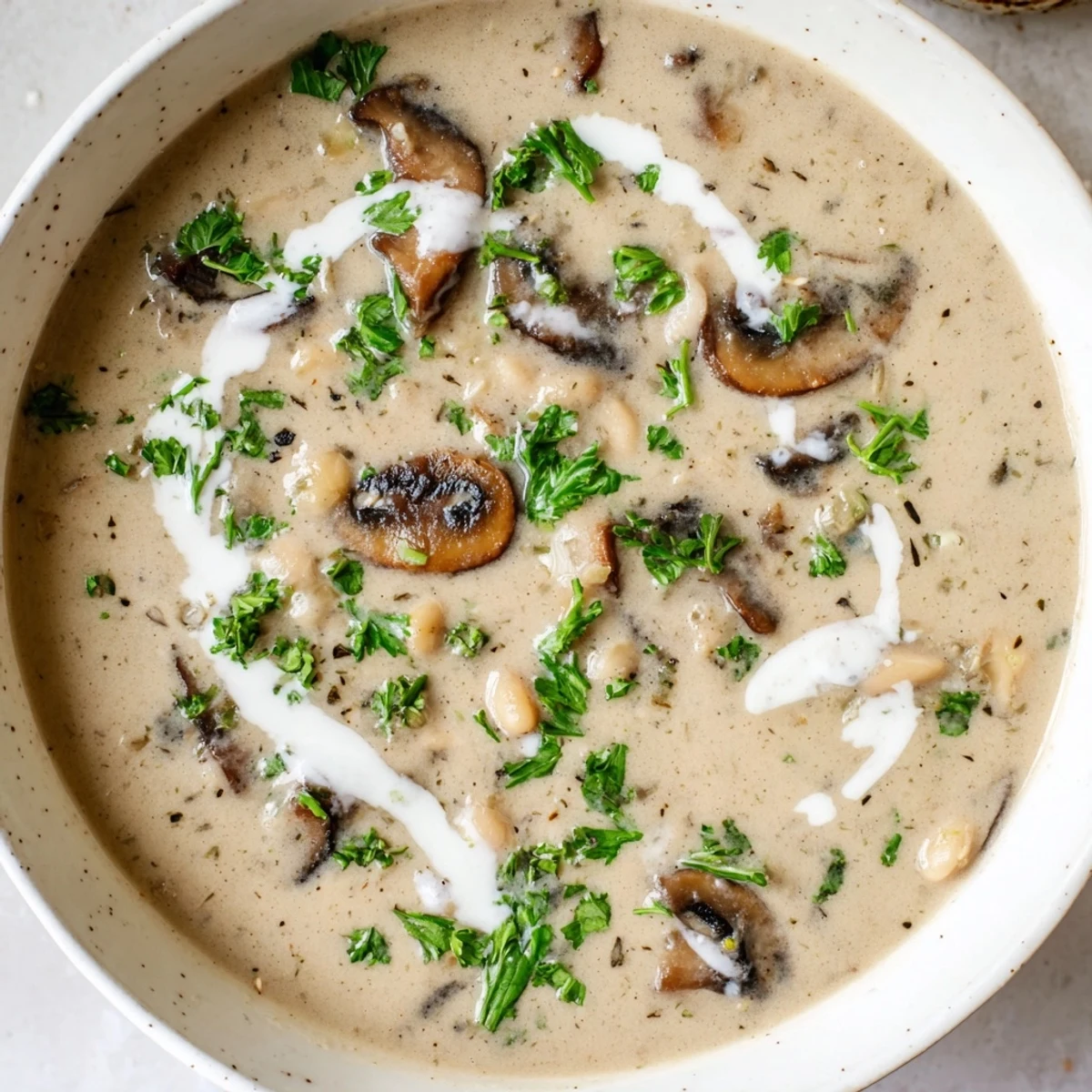 Creamy wild mushroom and white bean soup garnished with fresh parsley in a rustic bowl