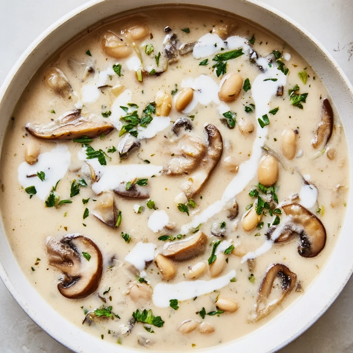 Velvety hearty soup bowl featuring sautéed wild mushrooms and tender white beans with cream swirl