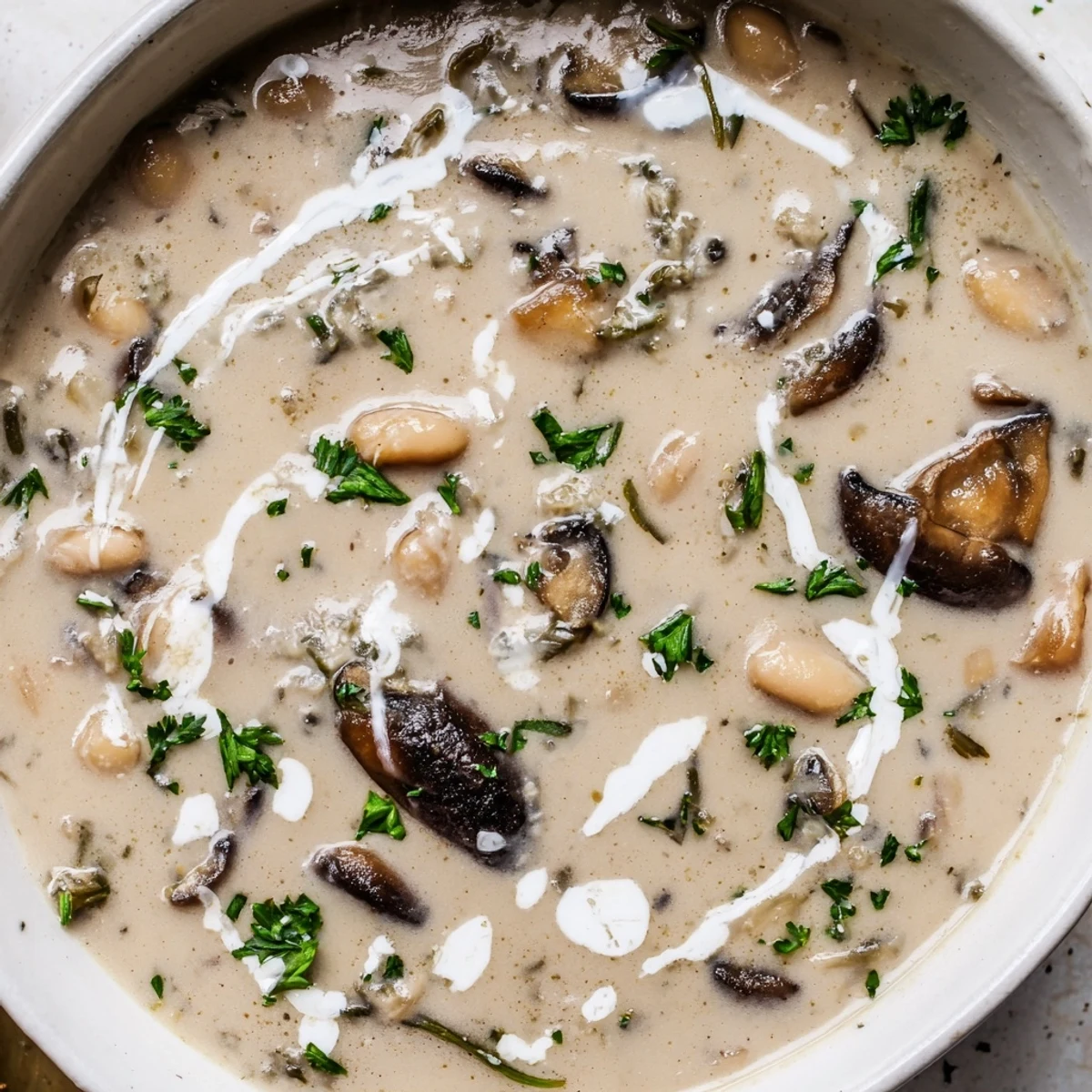 Rustic wild mushroom and white bean soup served hot with cream drizzle and chopped parsley