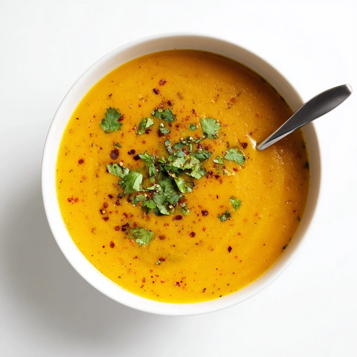 Steaming bowl of hearty roasted carrot red lentil soup with coconut milk and crusty bread on wooden table