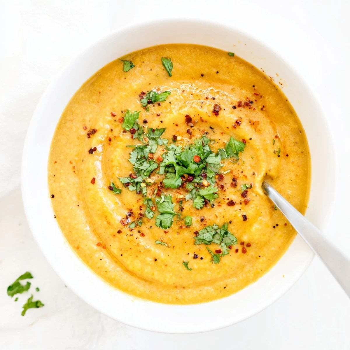 Golden orange roasted carrot and red lentil soup blended smooth with aromatic spices and topped with fresh herbs