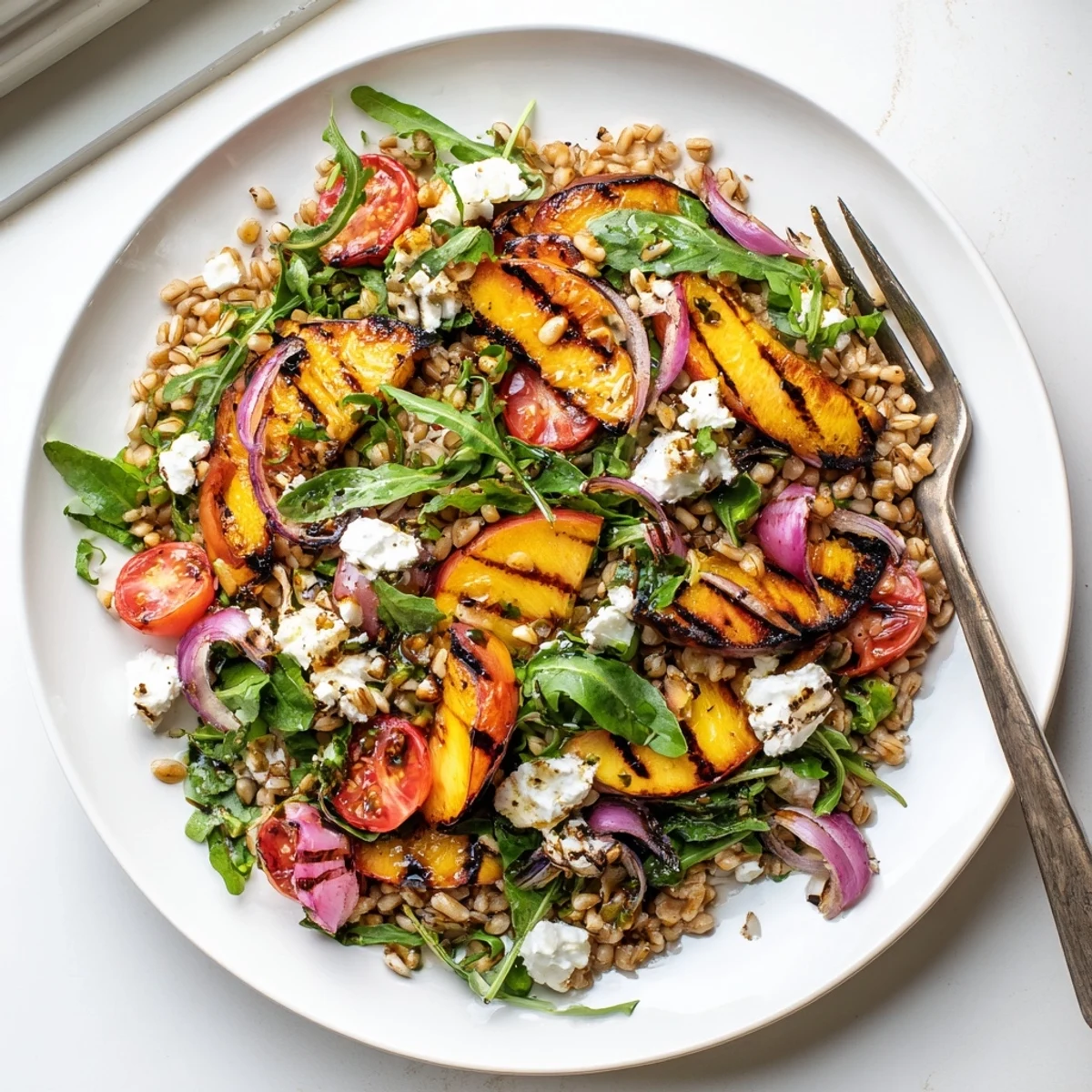 Colorful grilled peach and basil farro salad plated with arugula cherry tomatoes and crumbled feta for a light vegetarian lunch