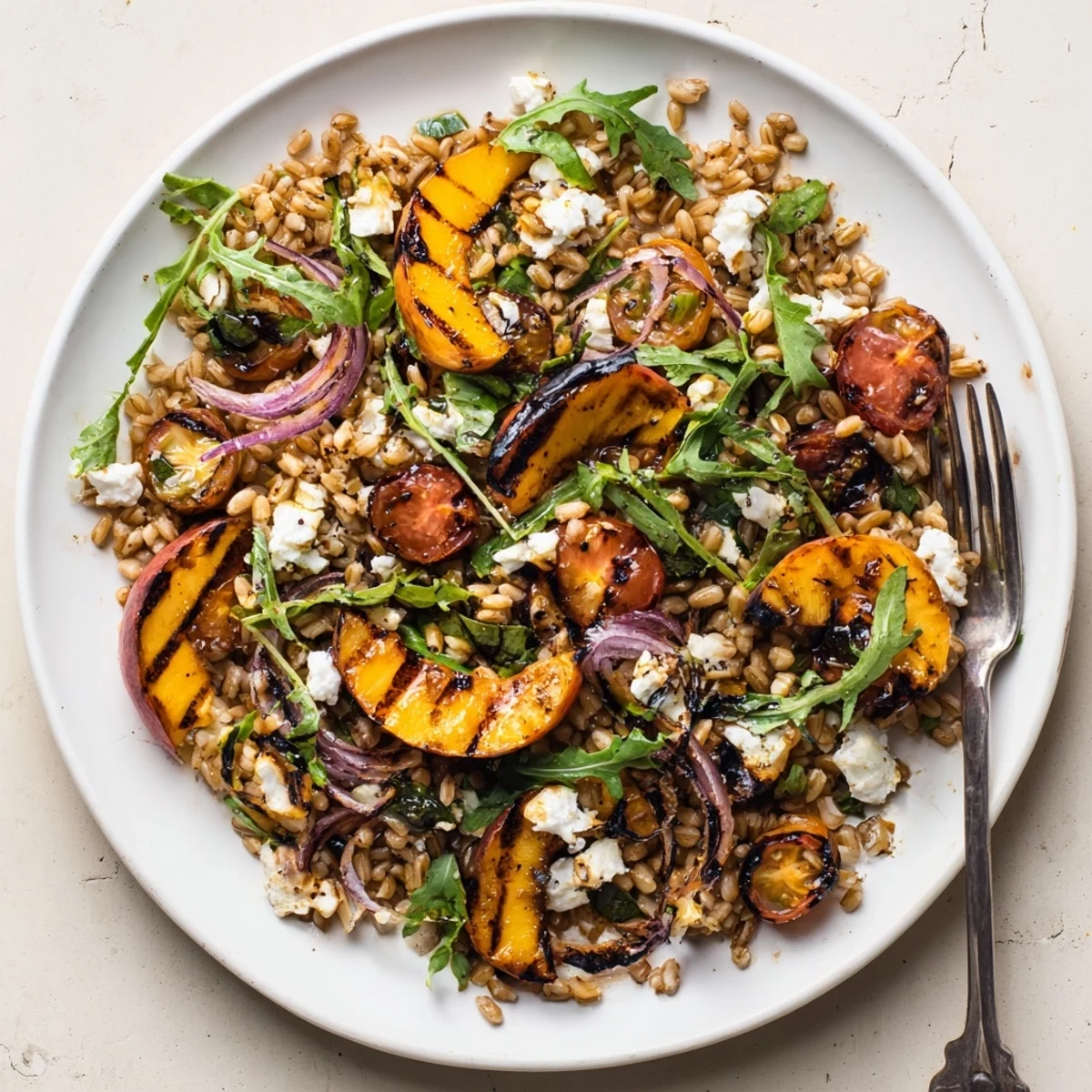Smoky charred peach wedges tossed with chewy farro greens and basil in this refreshing modern American grain salad recipe