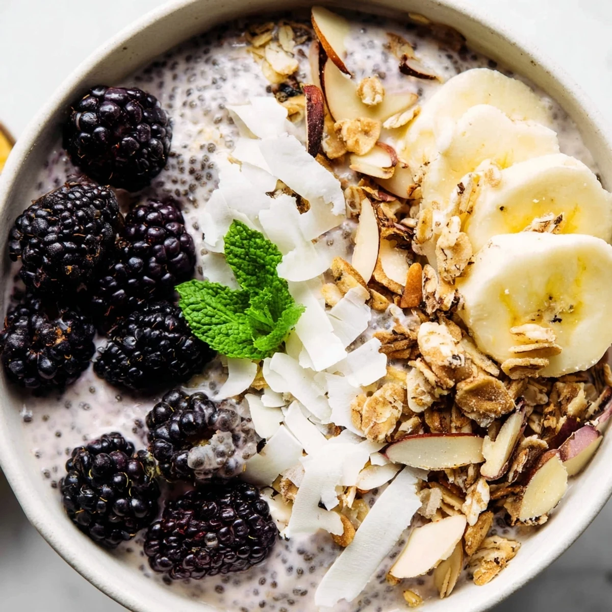Creamy blackberry vanilla protein chia breakfast bowl topped with fresh blackberries and banana slices