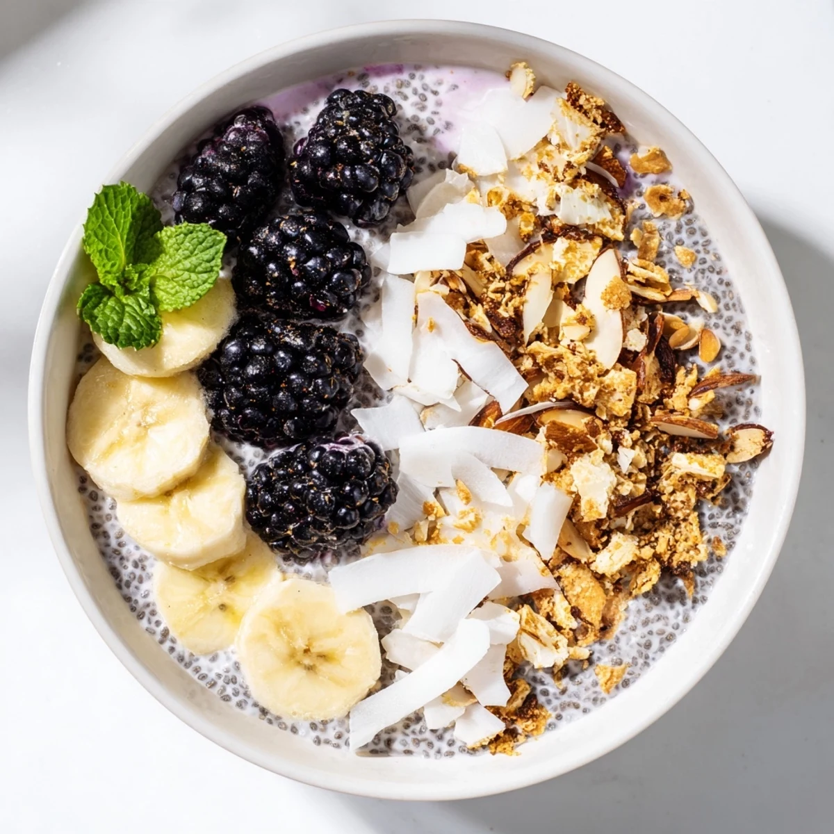 Overnight chia pudding bowl with blackberries vanilla protein granola coconut and almond crunch