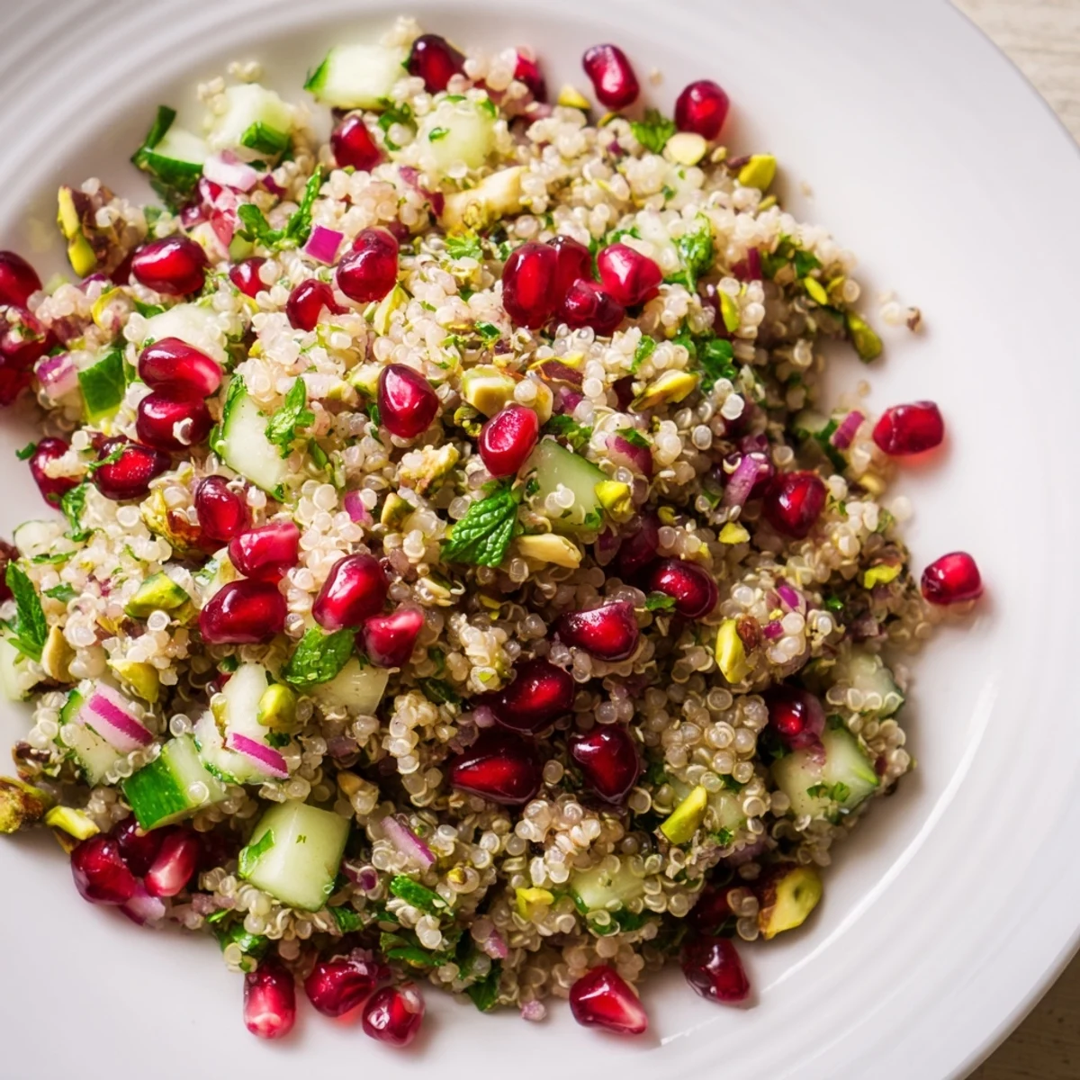 Vibrant pomegranate pistachio quinoa grain salad featuring ruby red arils, green herbs, and crunchy nuts in a bowl