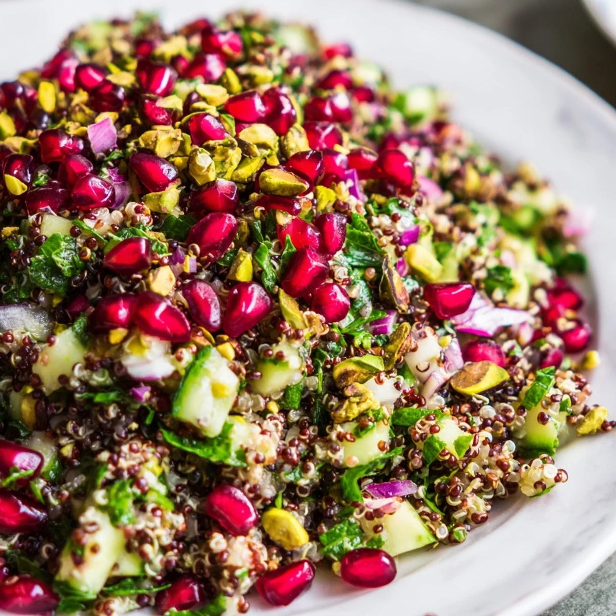 Fresh Mediterranean pomegranate pistachio quinoa grain salad tossed with crisp cucumber, mint, parsley, and zesty lemon dressing