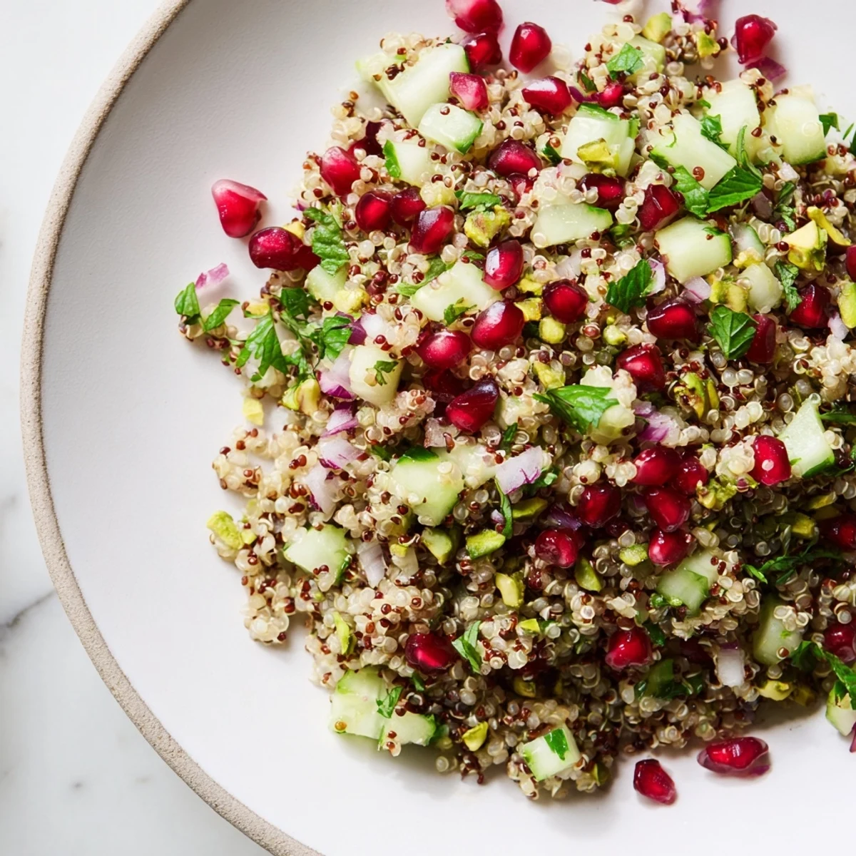 Colorful bowl of pomegranate pistachio quinoa grain salad garnished with fresh herbs and ready for serving