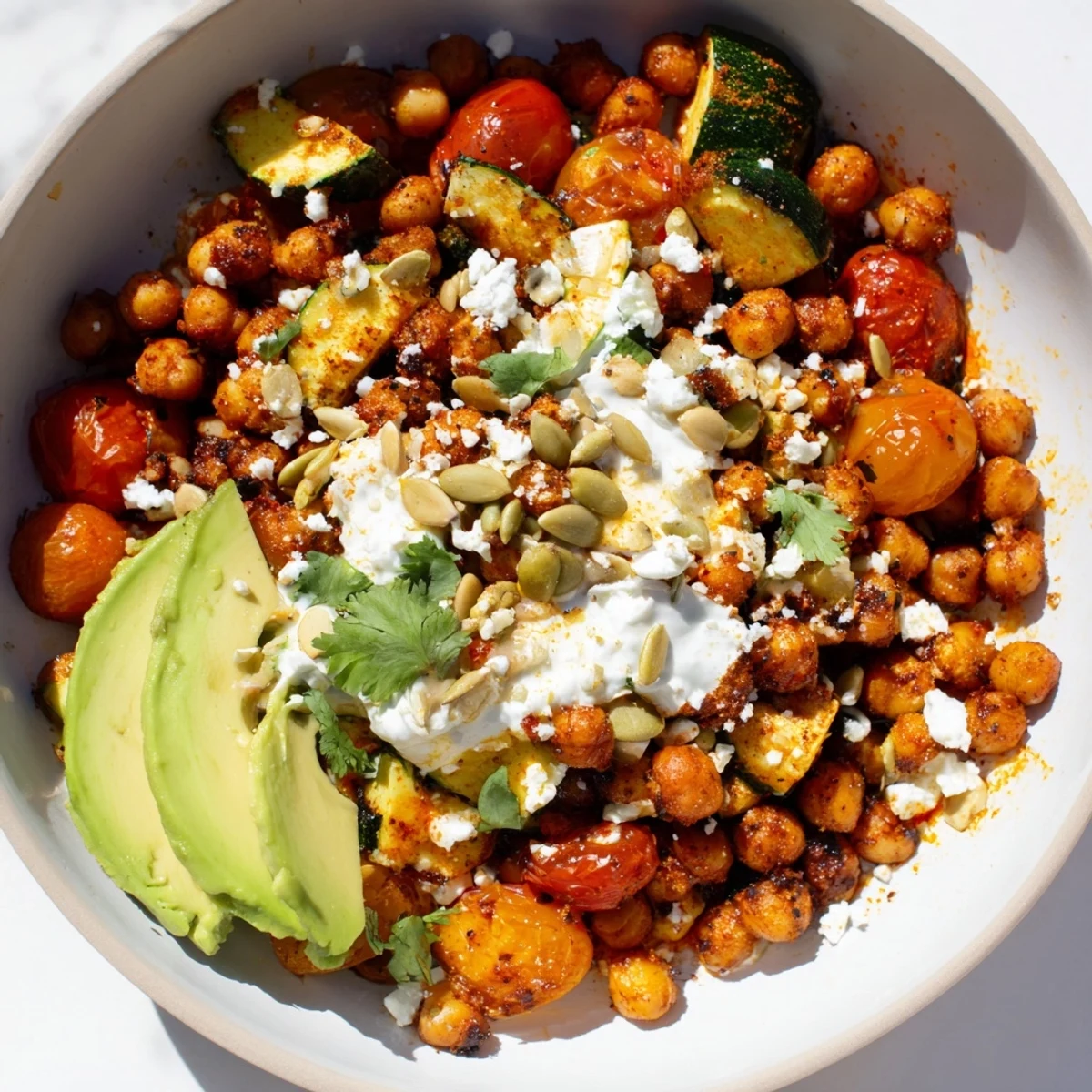 Golden roasted chickpeas and vegetables topped with creamy yogurt sauce in this savory harissa chickpea breakfast bowl