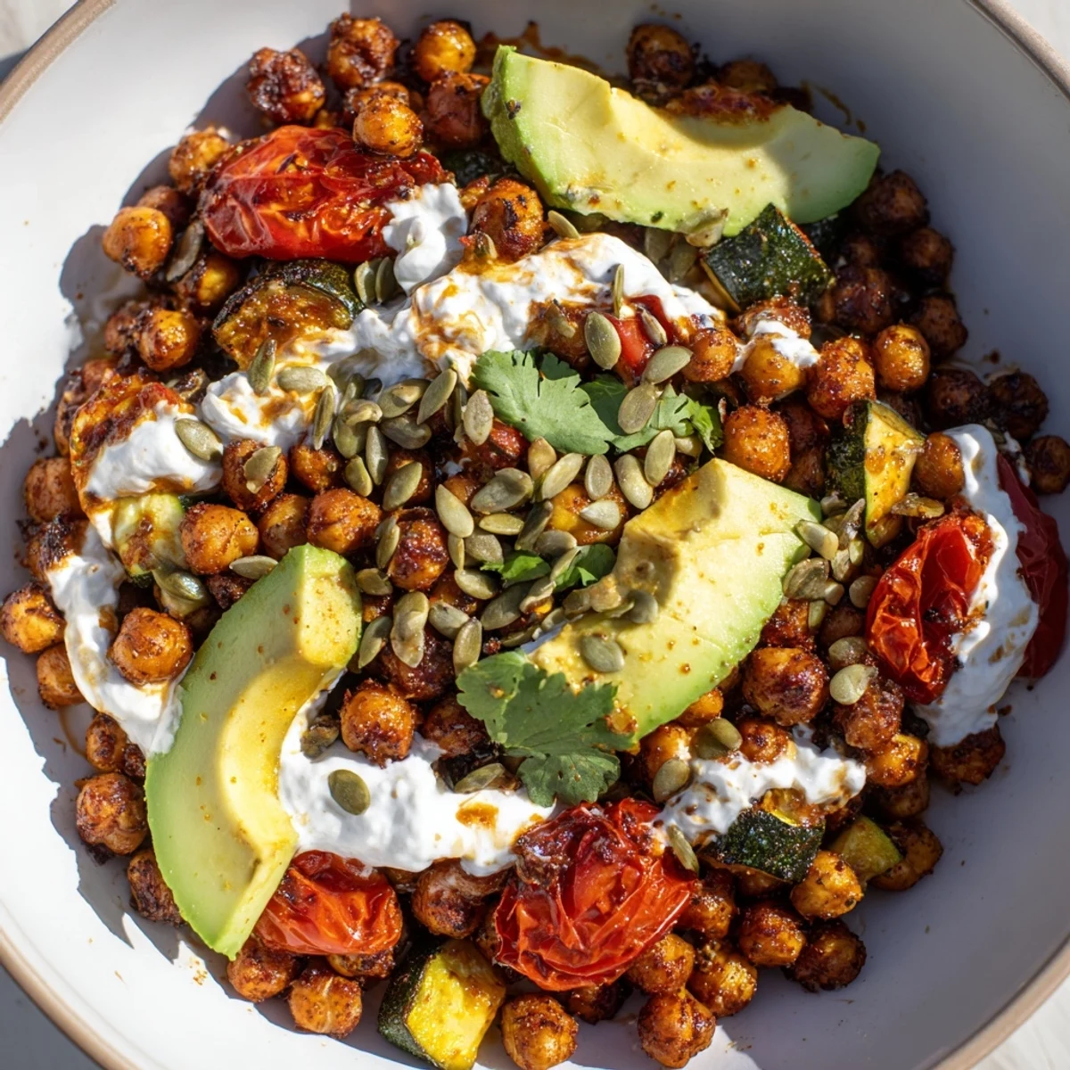 Colorful Mediterranean breakfast bowl featuring crispy spiced chickpeas with roasted tomatoes and zucchini