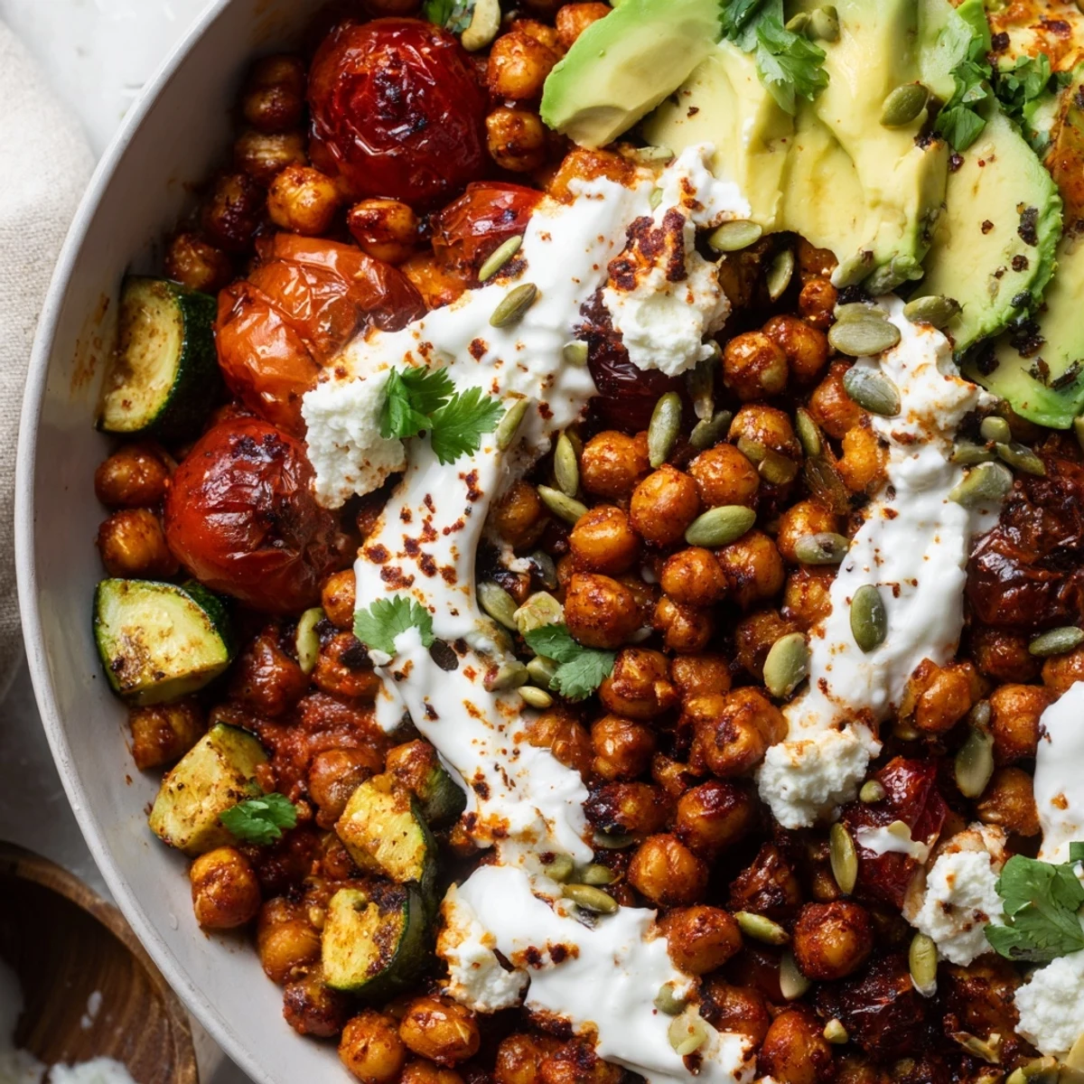 Protein-packed savory harissa chickpea breakfast bowl with avocado, eggs, and tangy yogurt dressing