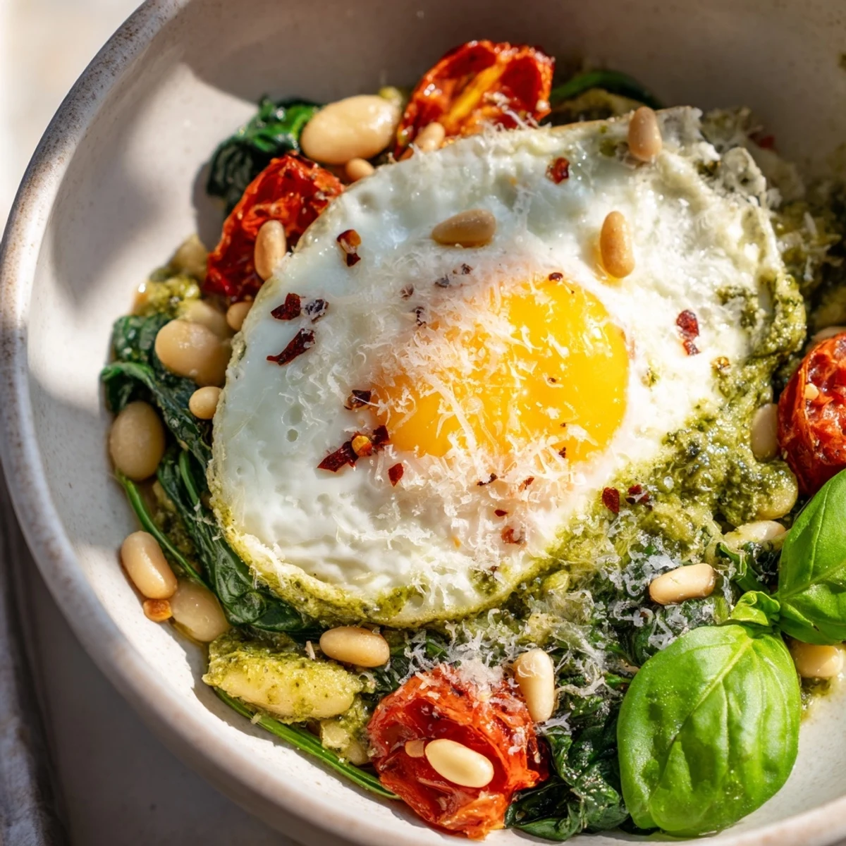 Savory pesto white bean breakfast bowl topped with a fried egg, cherry tomatoes, and fresh basil